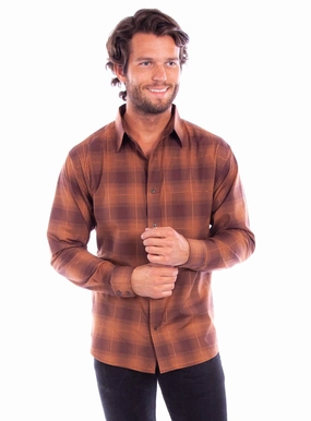 Scully Mens Worn Outs Plaid Brown 100% Cotton L/S Shirt Modern Style