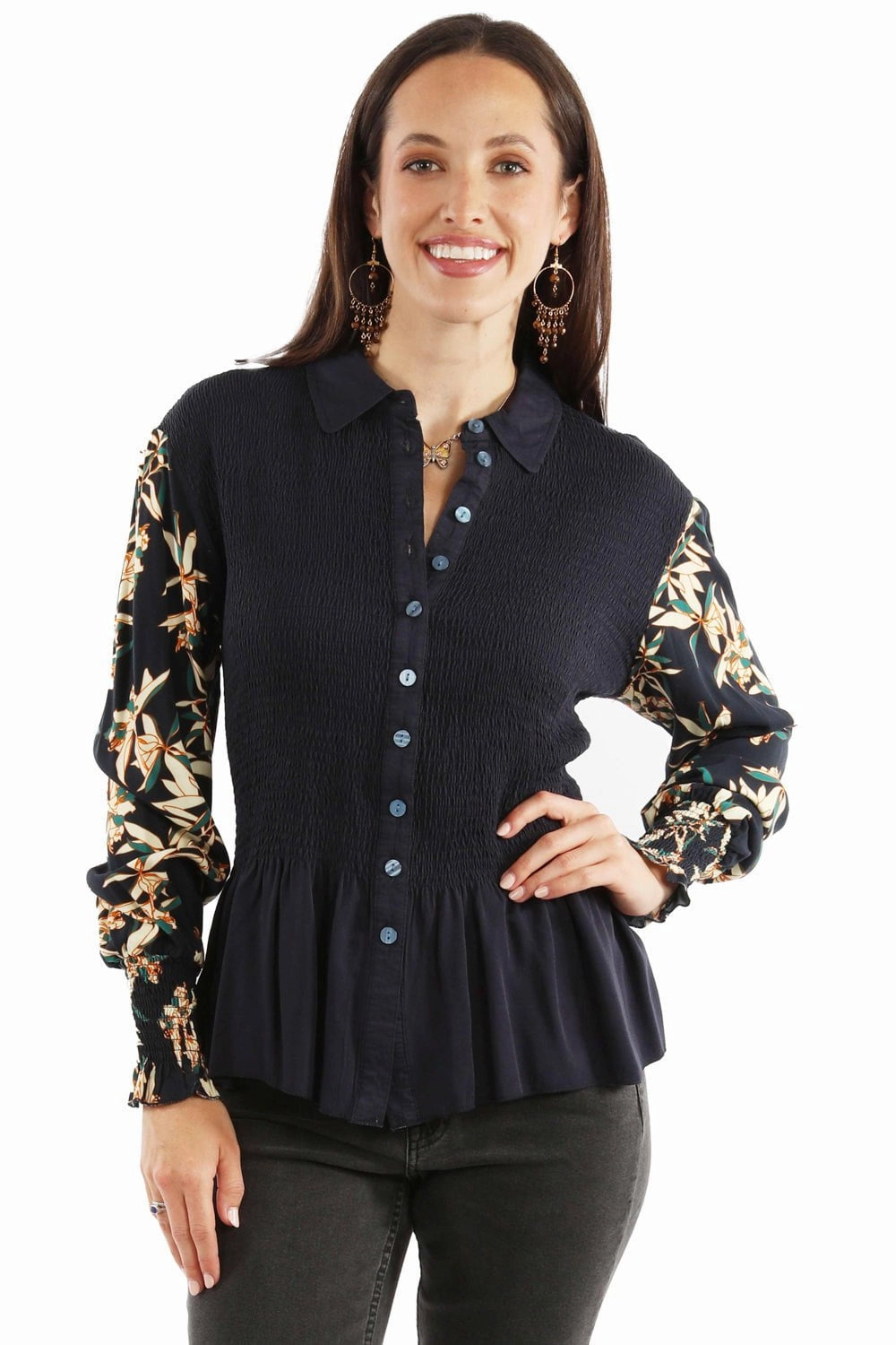 Refined Aesthetic Scully Womens Smocked Peplum Navy 100% Rayon L/S Blouse