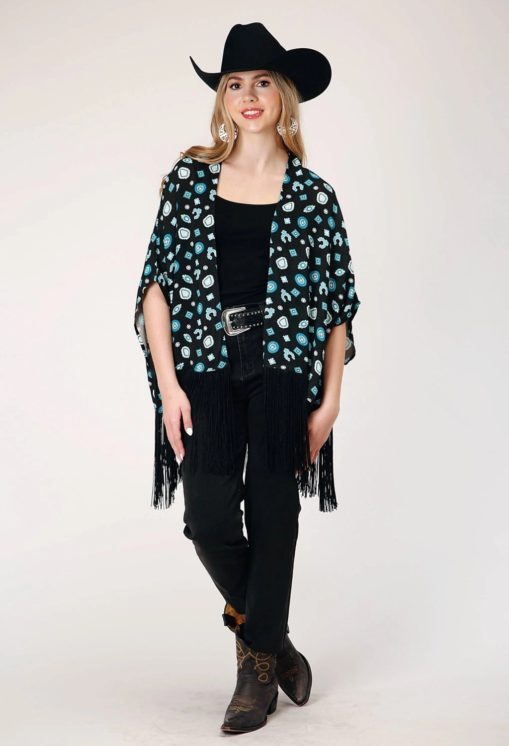 Essential Layer Roper Womens Jewelry Print Black 100% Rayon Cardigan Sweater