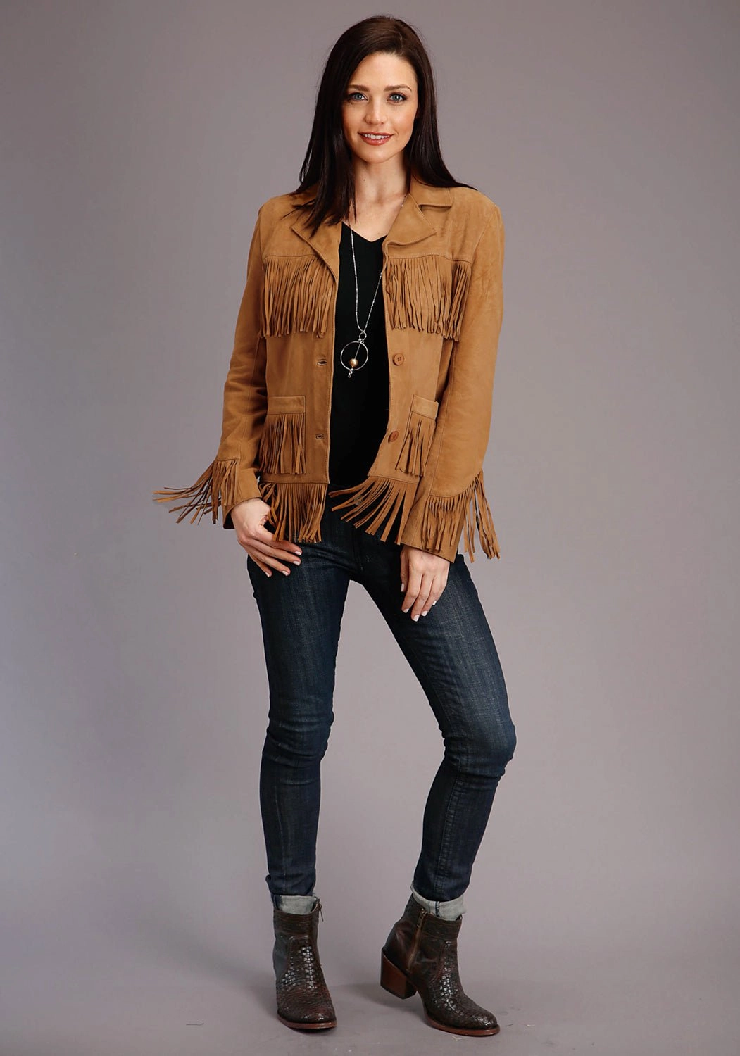 Stetson Womens Tan Leather Thick Suede Fringe Jacket Lined Pockets