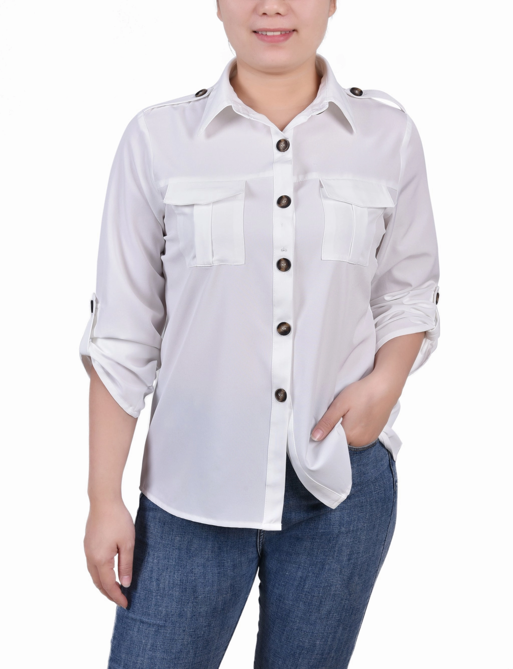 YarnDye Technique NonIrritating 3/4 Sleeve Roll Tab Blouse