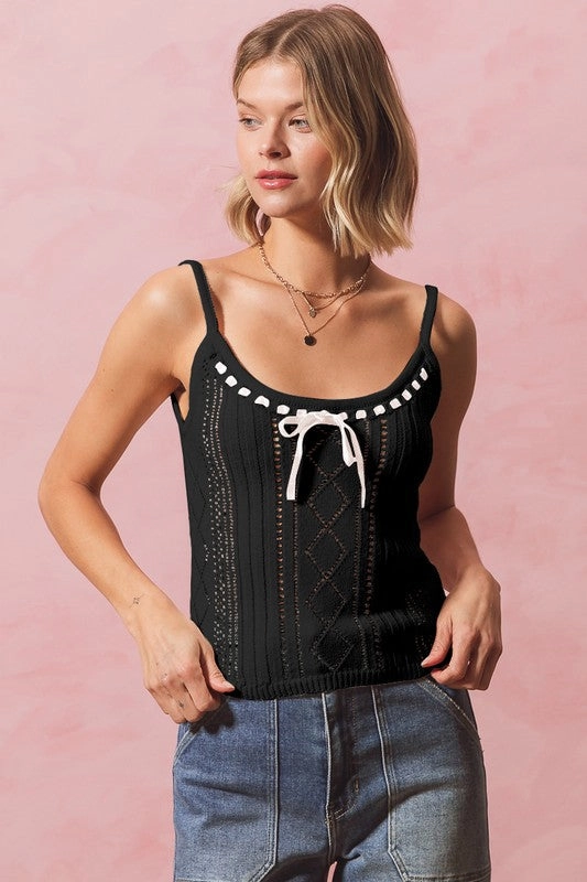 HighStretchElastic Lily Ribbon Tie Front Fitted Sweater Knit Tank Top