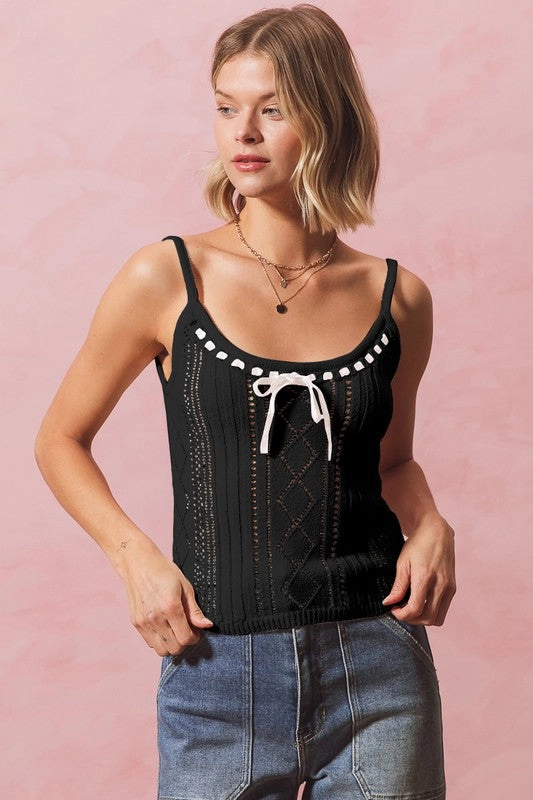 RelaxedFit Lily Ribbon Tie Front Fitted Sweater Knit Tank Top