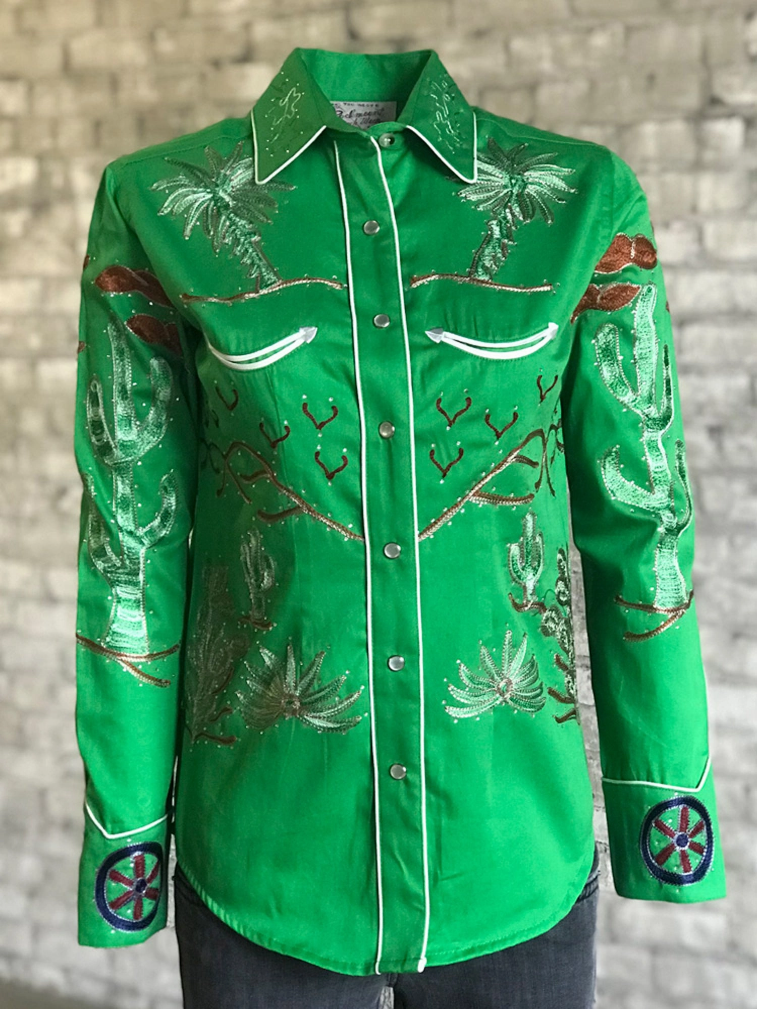 Rockmount Womens Green 100% Cotton Porter Wagoner L/S Shirt Fitted Cut Smooth Stitch Pattern