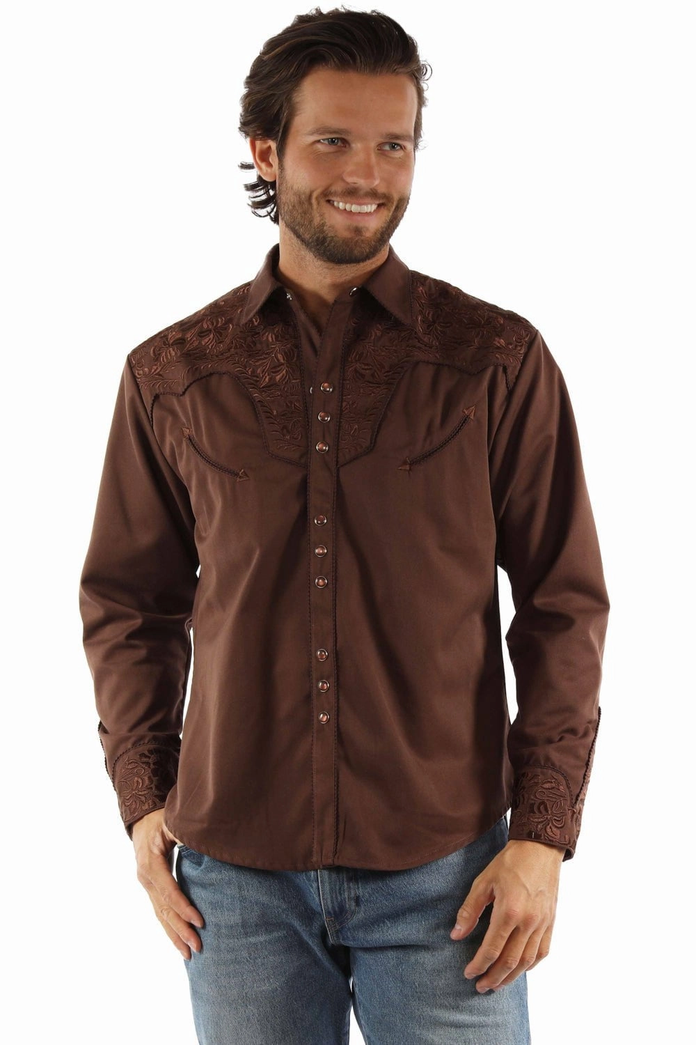 Scully Mens Floral Tooled Embroidery Mocha Poly/Rayon L/S Shirt Workwear Approved Static Dissipating Fiber