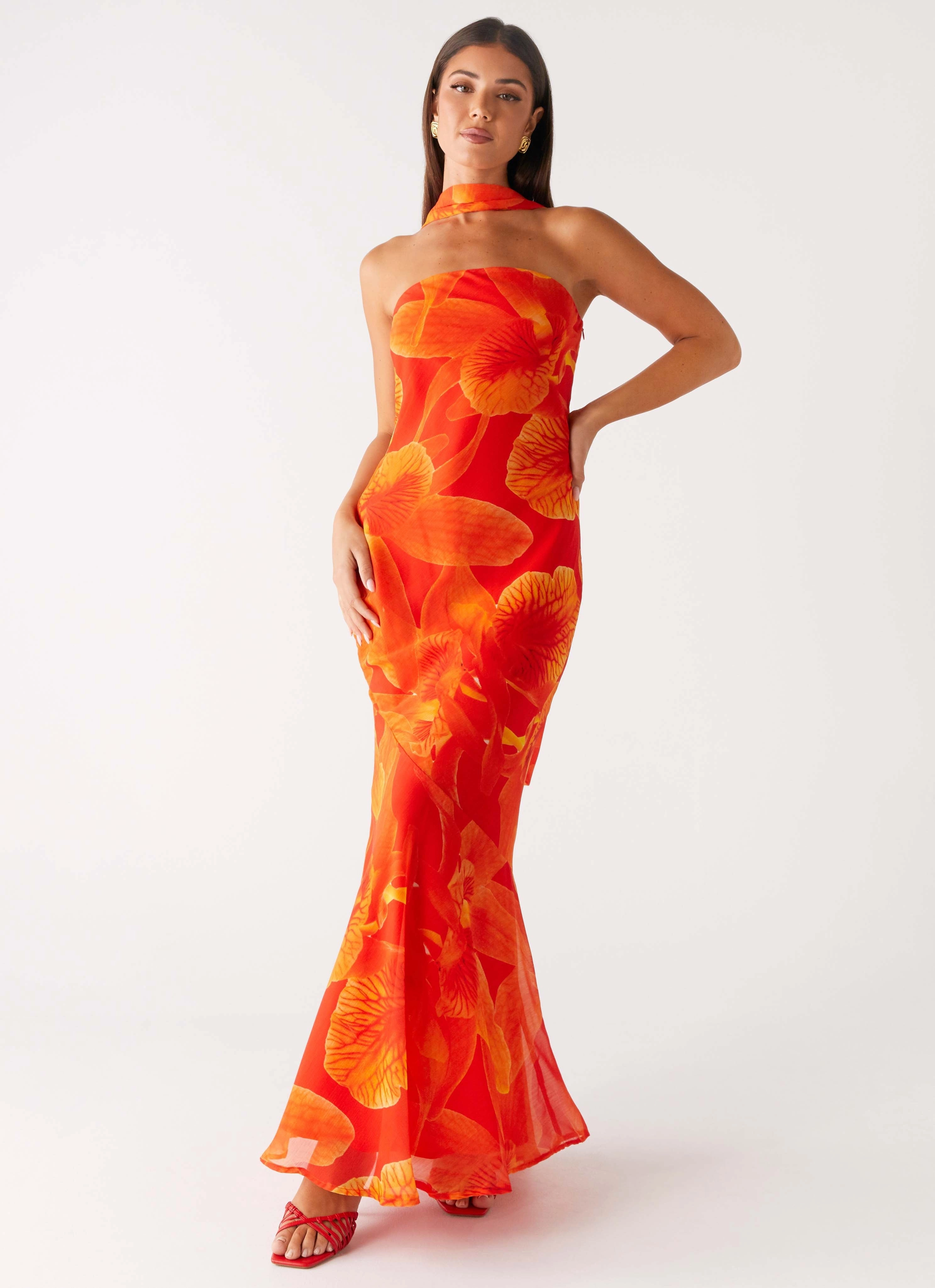 Cozy Insulated Coat Adjustable Belt Under The Pagoda Maxi Dress - Orange Floral