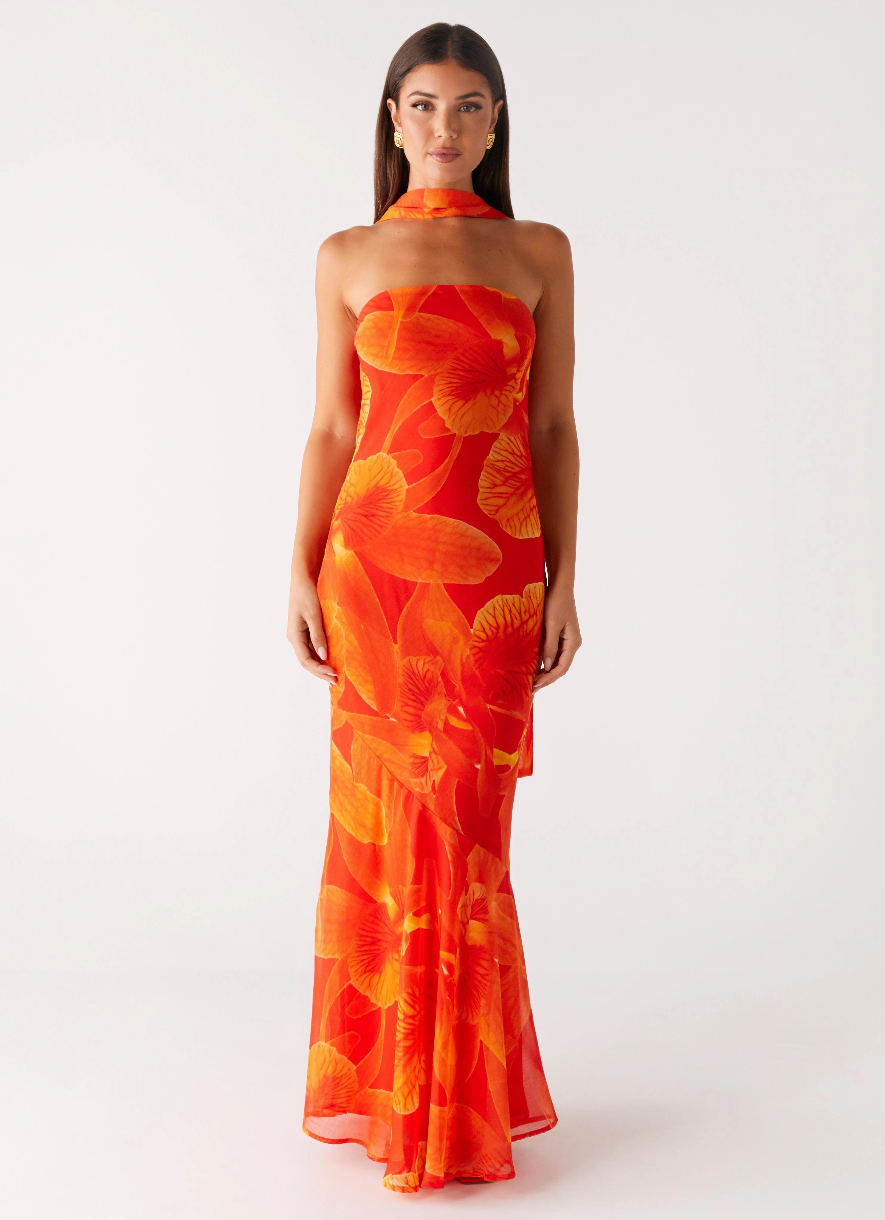 Cool Weather Wear Long Sleeve Under The Pagoda Maxi Dress - Orange Floral