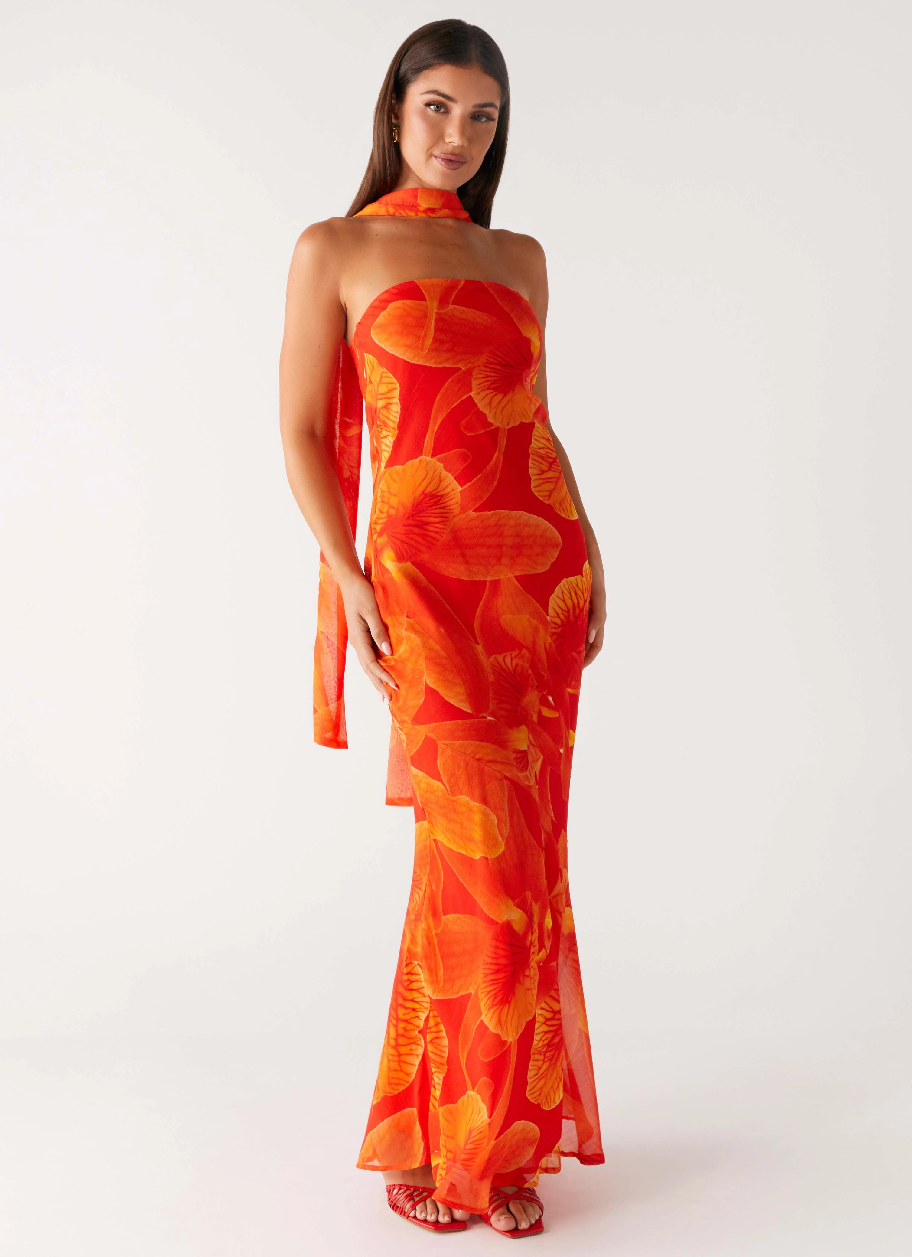 Under The Pagoda Maxi Dress - Orange Floral Fashion Forward Outerwear