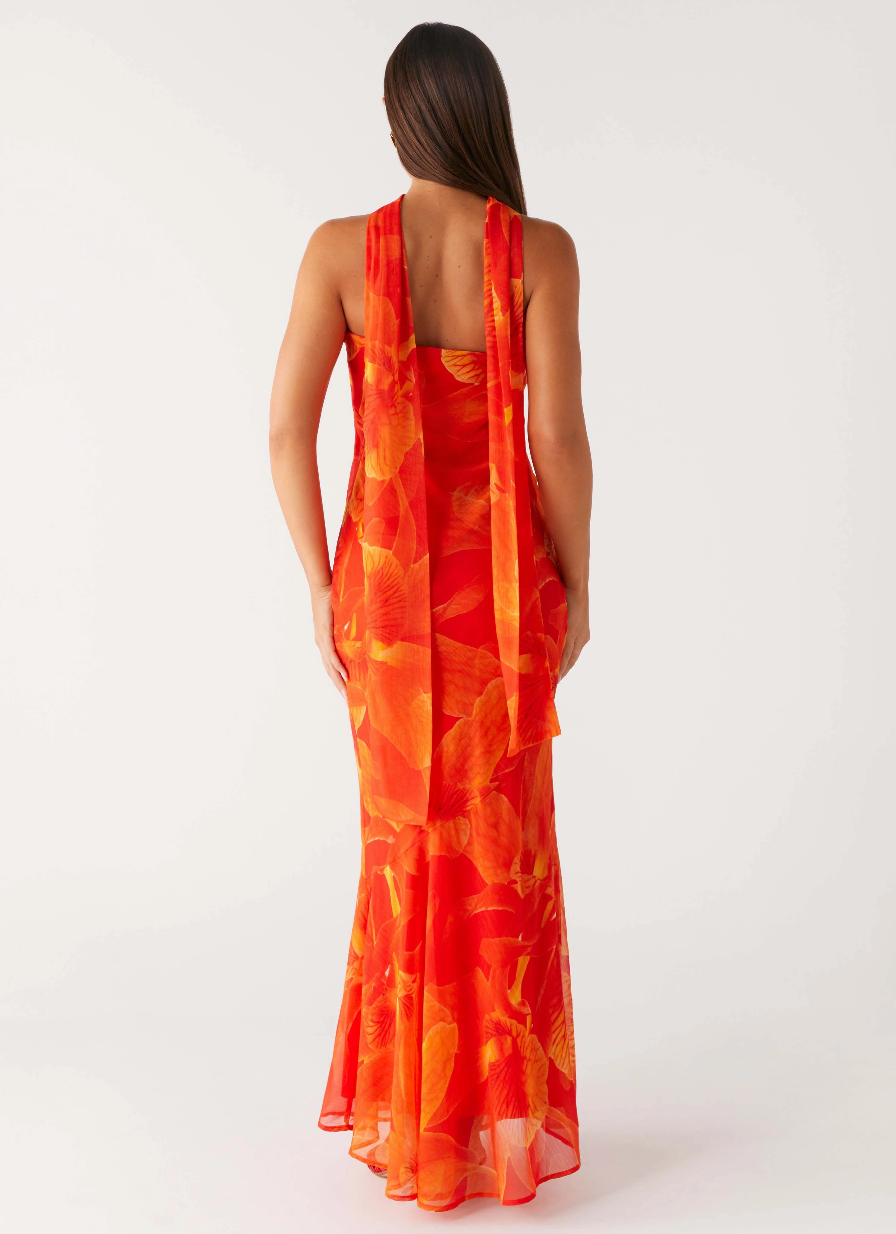 Houndstooth Print Sleek Outerwear Under The Pagoda Maxi Dress - Orange Floral
