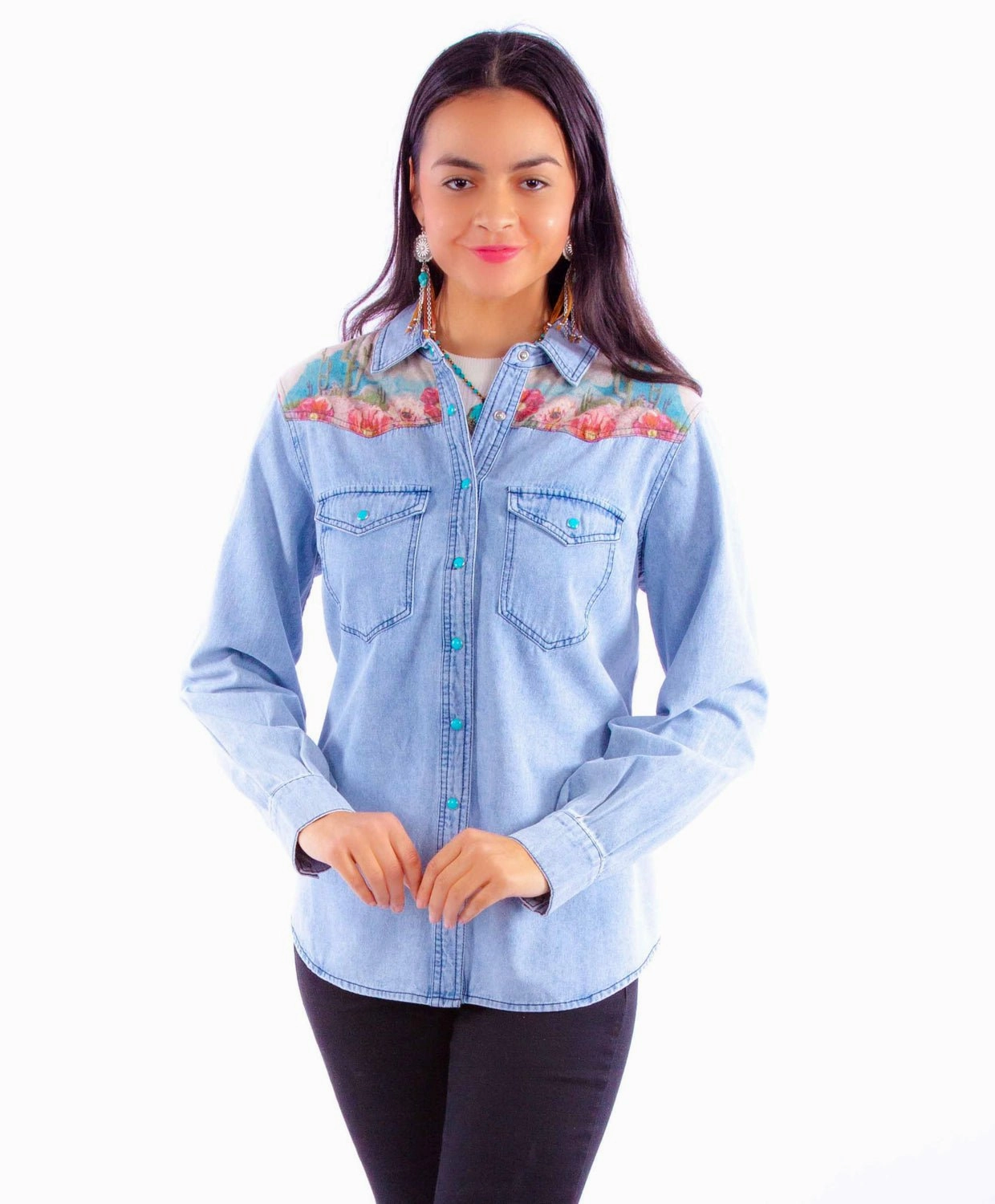 Scully Womens Microfiber Cactus Scene Denim Cotton Blend L/S Shirt Structured Shoulder Support Premium Feel