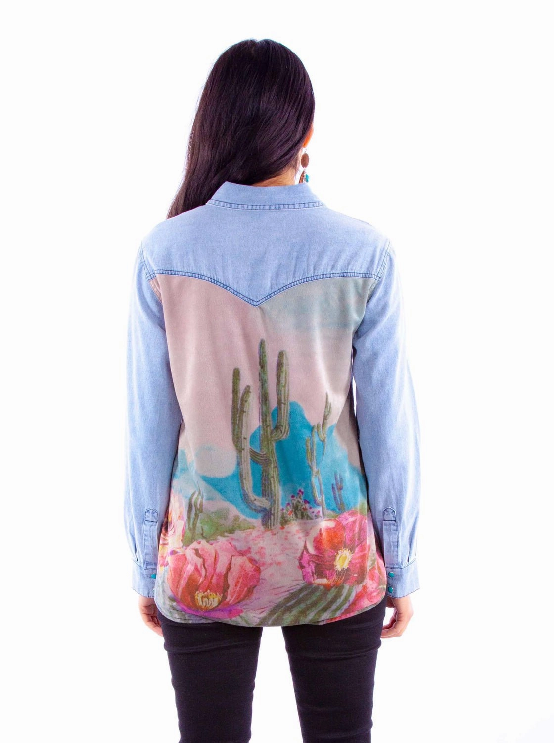 Scully Womens Microfiber Cactus Scene Denim Cotton Blend L/S Shirt Breathable fabric