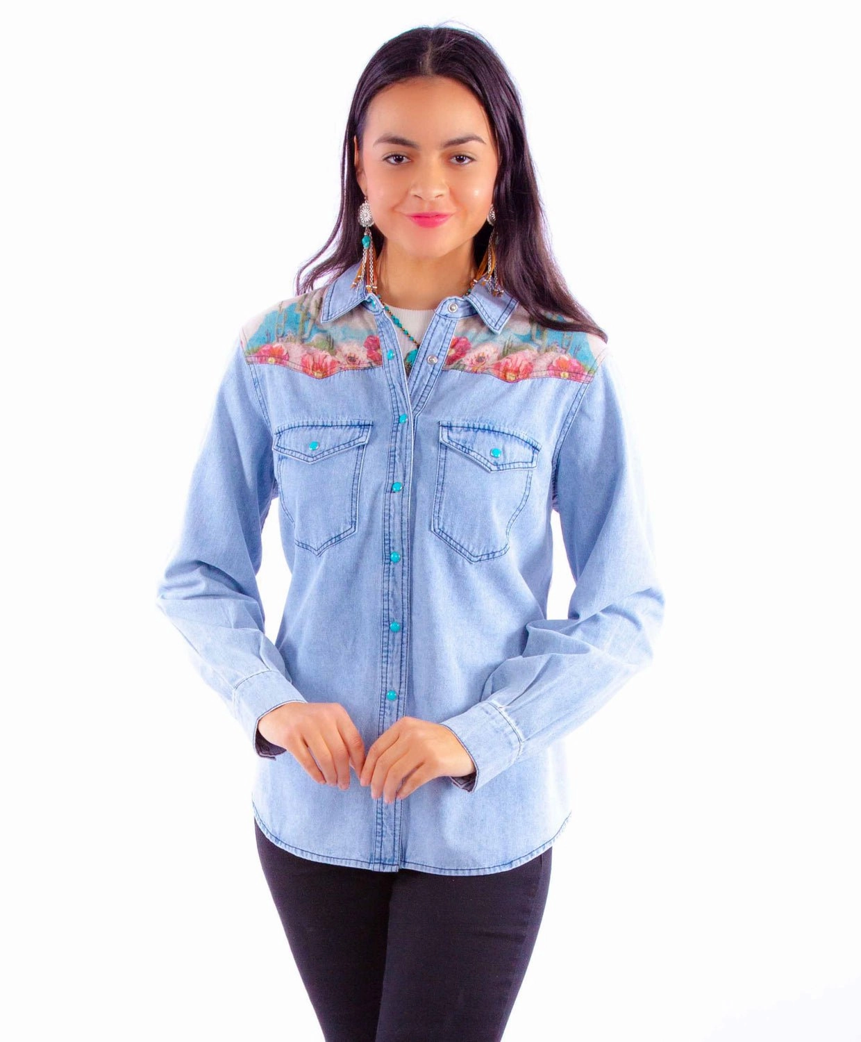 Scully Womens Microfiber Cactus Scene Denim Cotton Blend L/S Shirt Practical Choice Spring Break