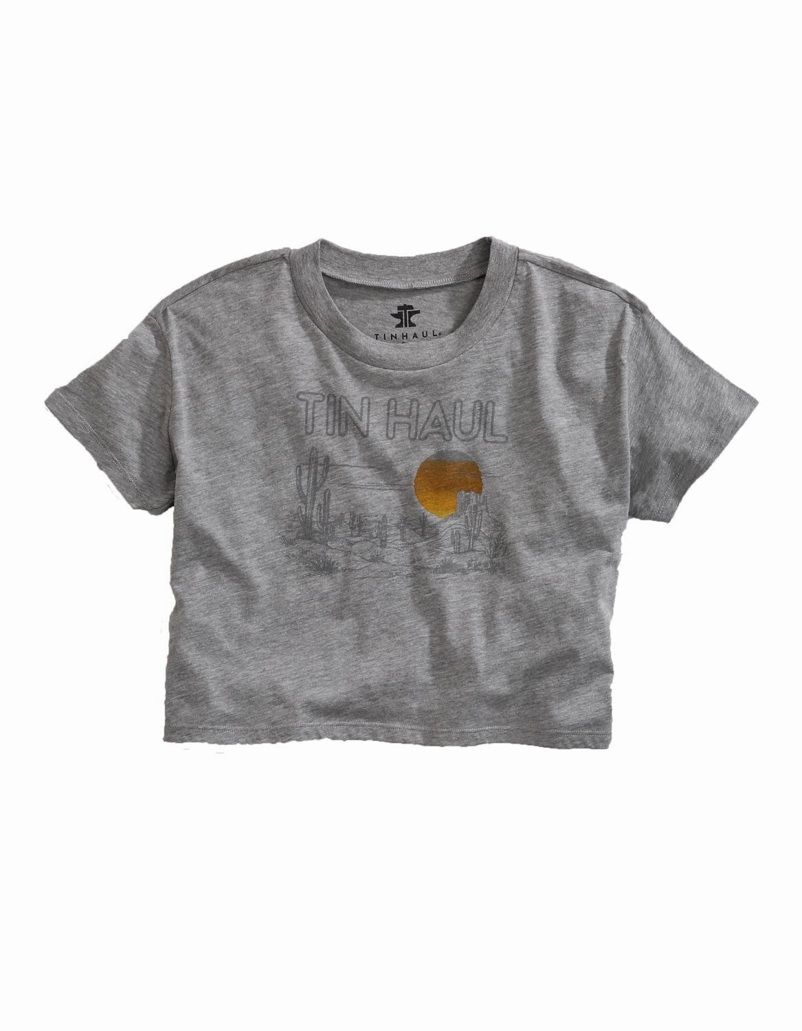 Tropical theme Tin Haul Womens Grey Cotton Blend Desert Scenery S/S Crop T-Shirt