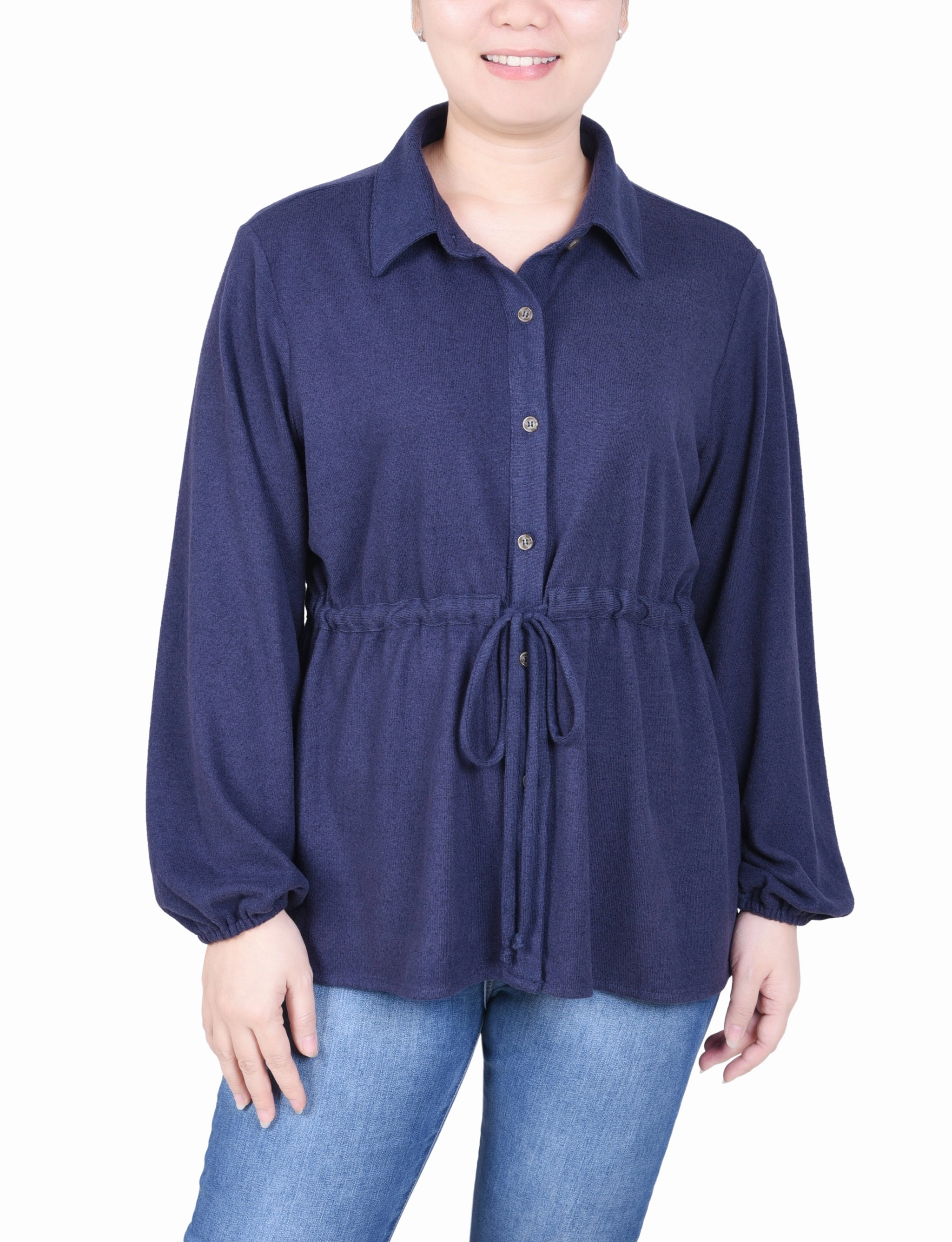 BoxySilhouette Long Dolman Sleeve Drawstring-Waist Tunic Top