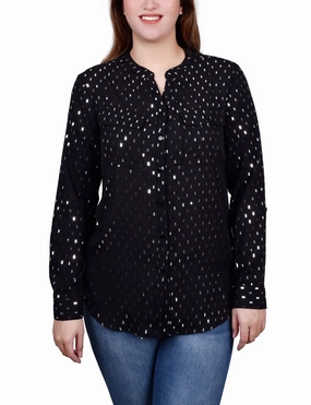 HighElasticity Long Roll Tab Sleeve Foil Dot Blouse