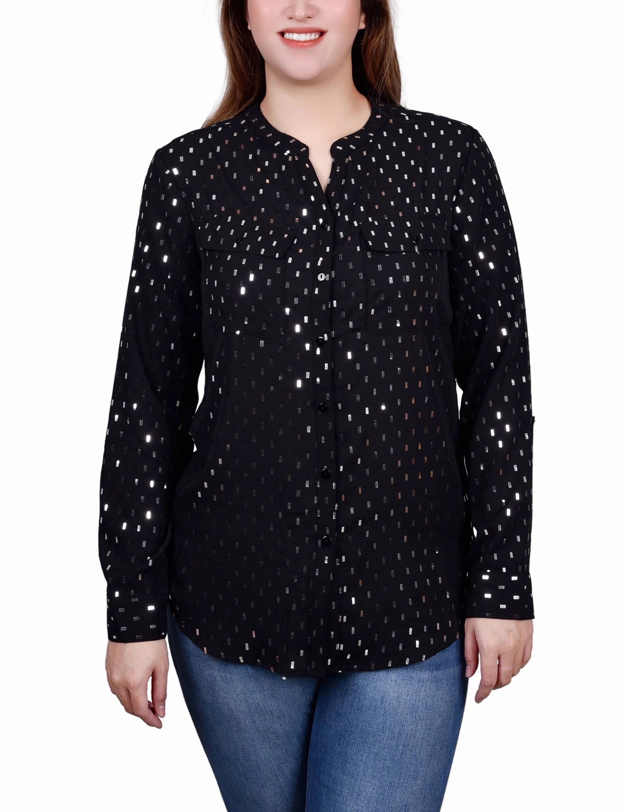 Long Roll Tab Sleeve Foil Dot Blouse StaticResistantFabric