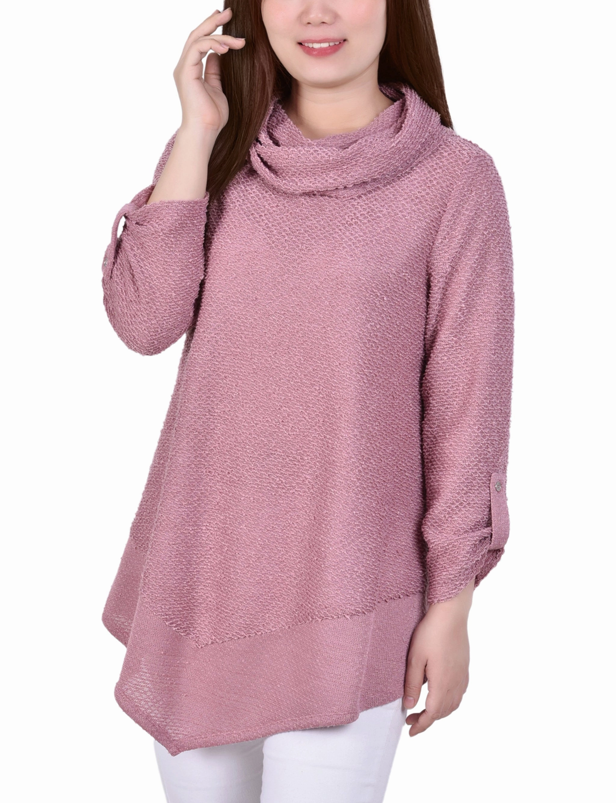 Layered Neckline Long Roll Tab Sleeve Nubby Cowl Neck Top