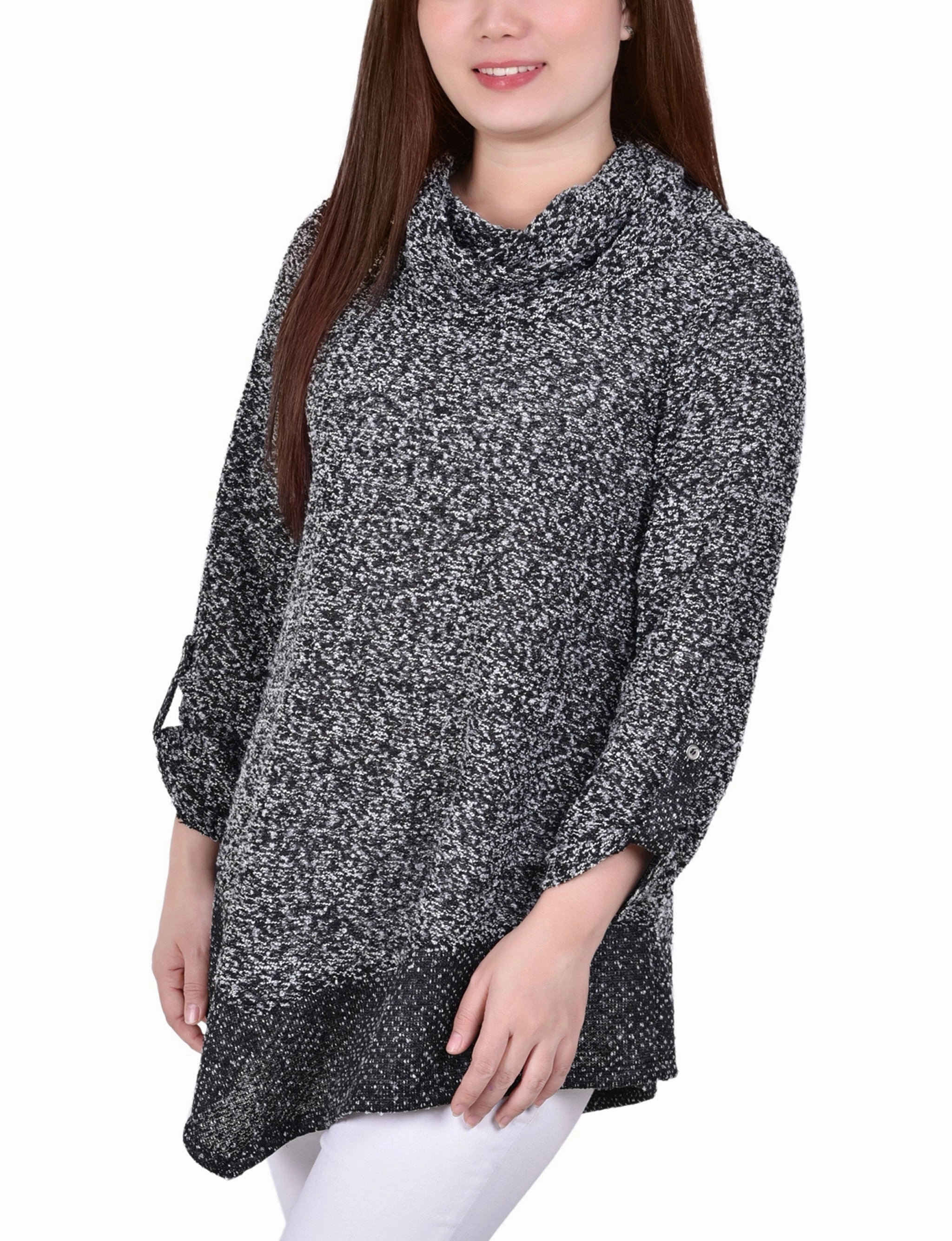 Long Roll Tab Sleeve Nubby Cowl Neck Top Versatile Base Layer BreathableFabric