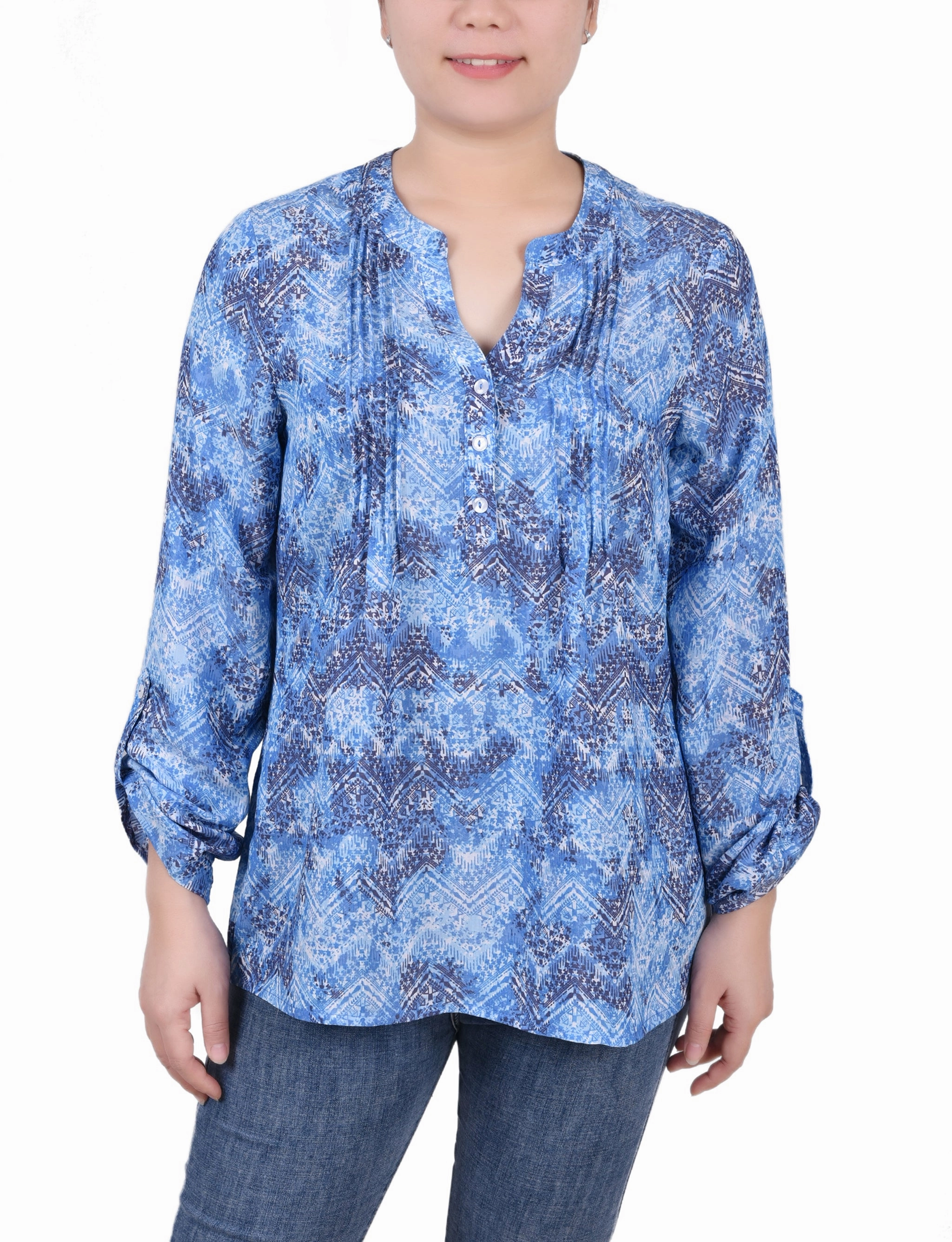 Long Roll Tab Sleeve Pintuck Front Blouse Anti Pilling Technology