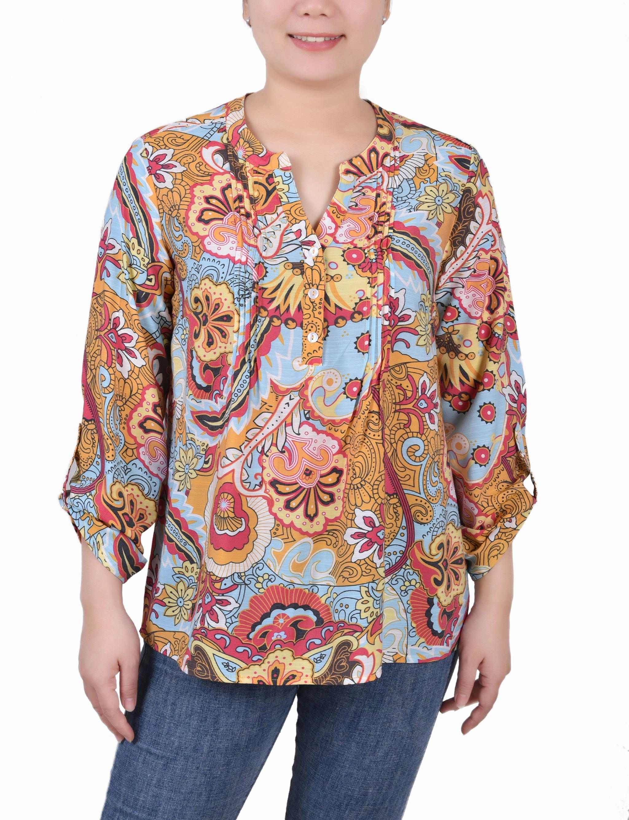 Long Roll Tab Sleeve Pintuck Front Blouse NoSlipSurface