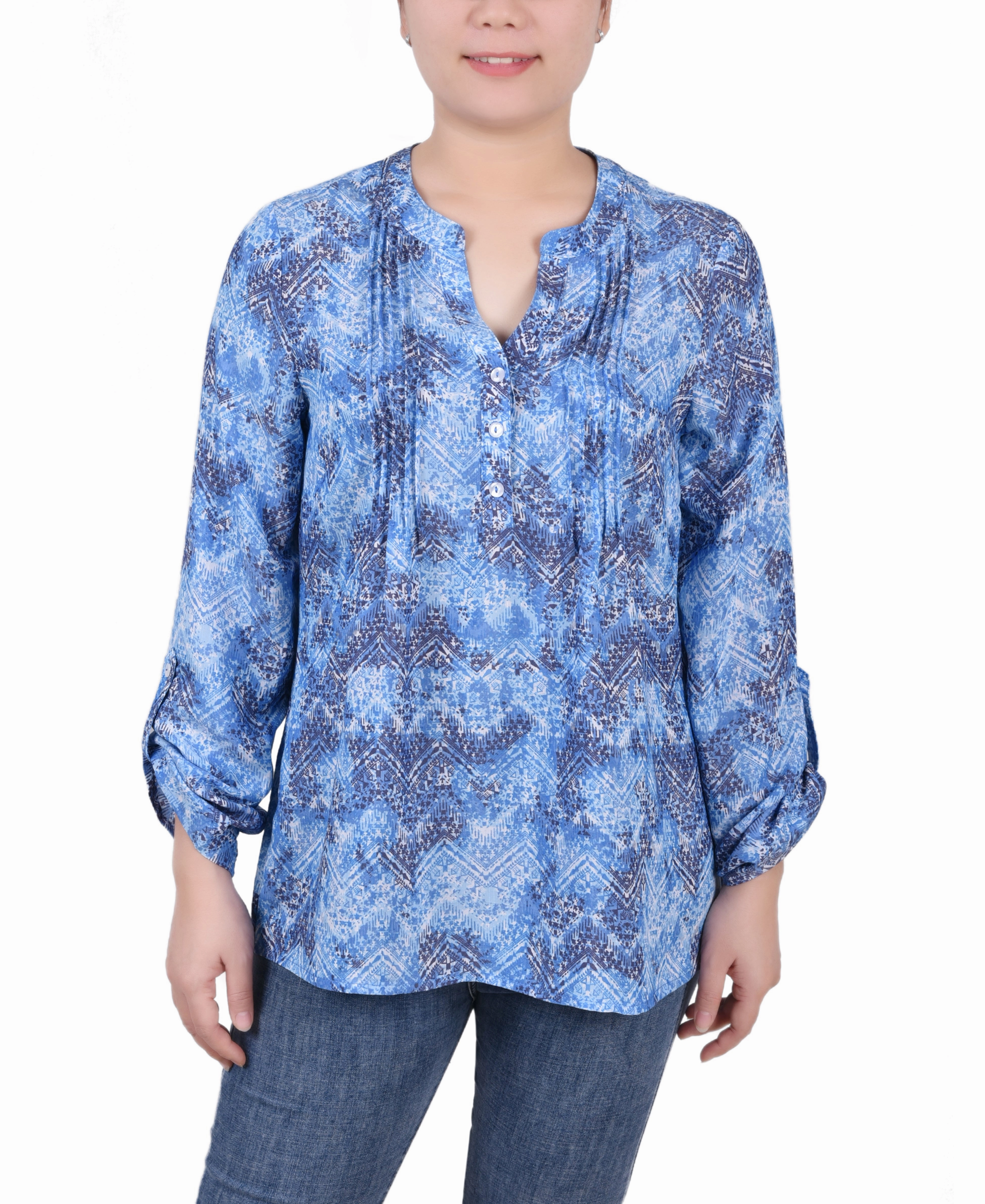 MultiPanelDesign Long Roll Tab Sleeve Pintuck Front Blouse