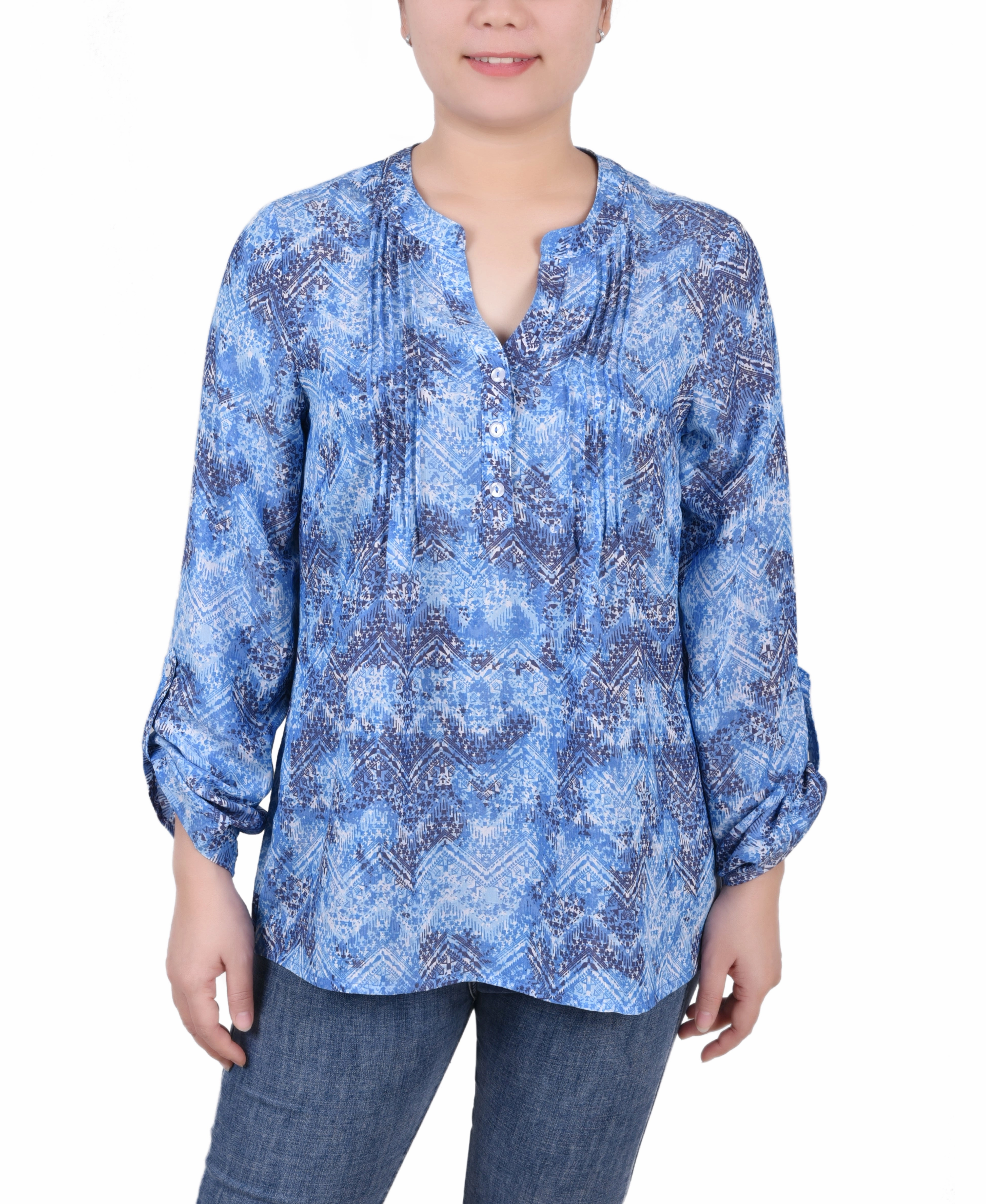 Long Roll Tab Sleeve Pintuck Front Blouse TumbleDryFriendlyMaterial