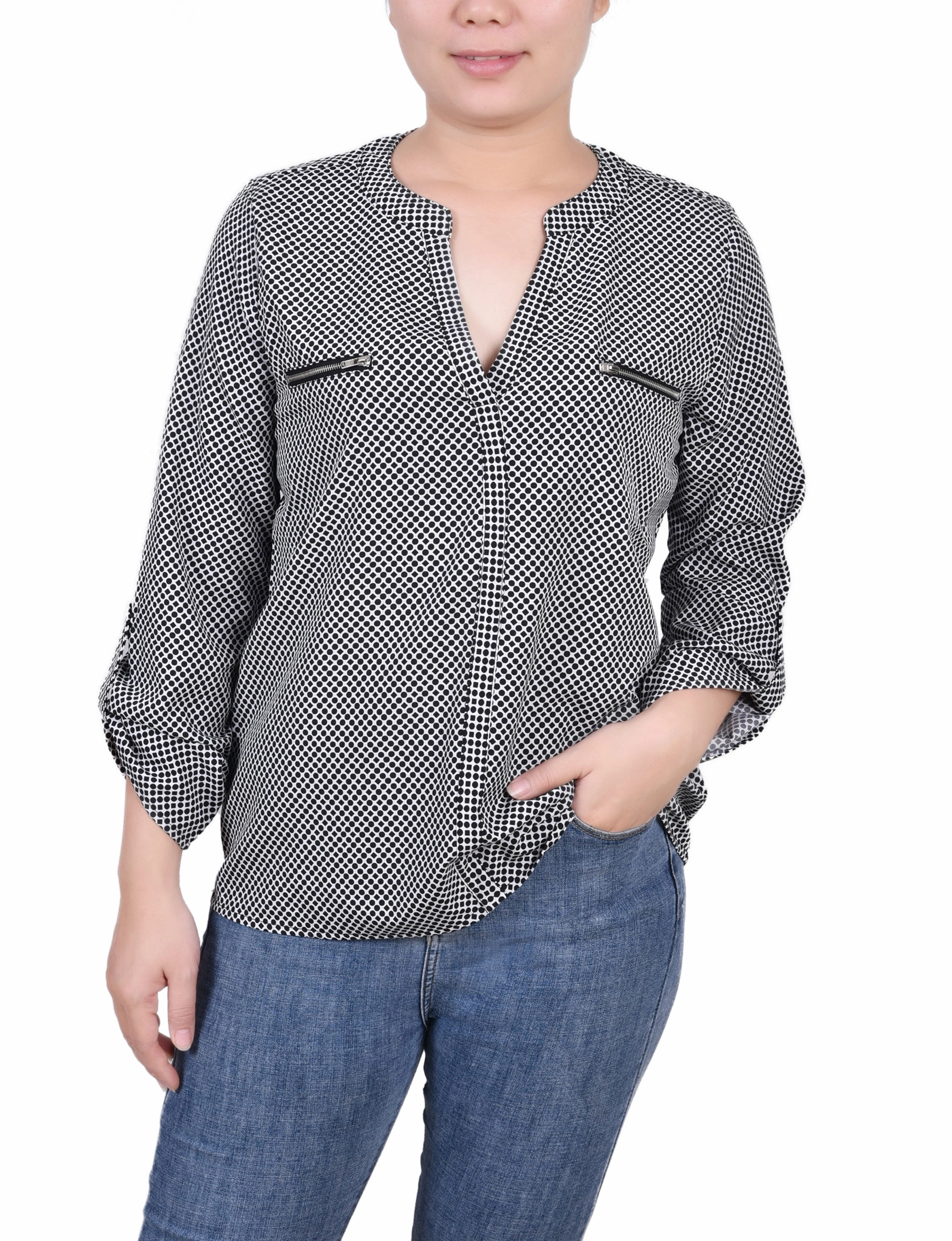 Long Roll Tab Sleeve Zip Pocket Blouse elegant design