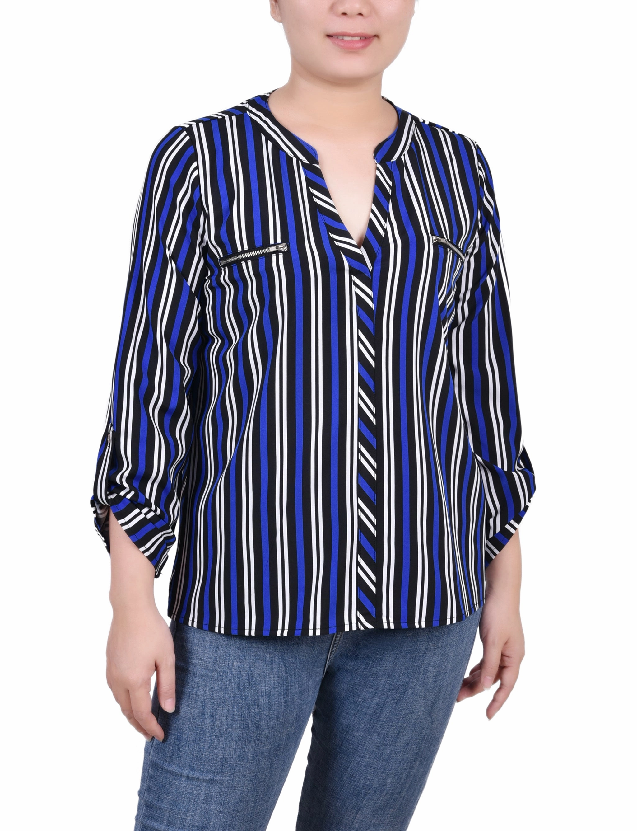 LongWearingComfort Smooth Stitching Long Roll Tab Sleeve Zip Pocket Blouse