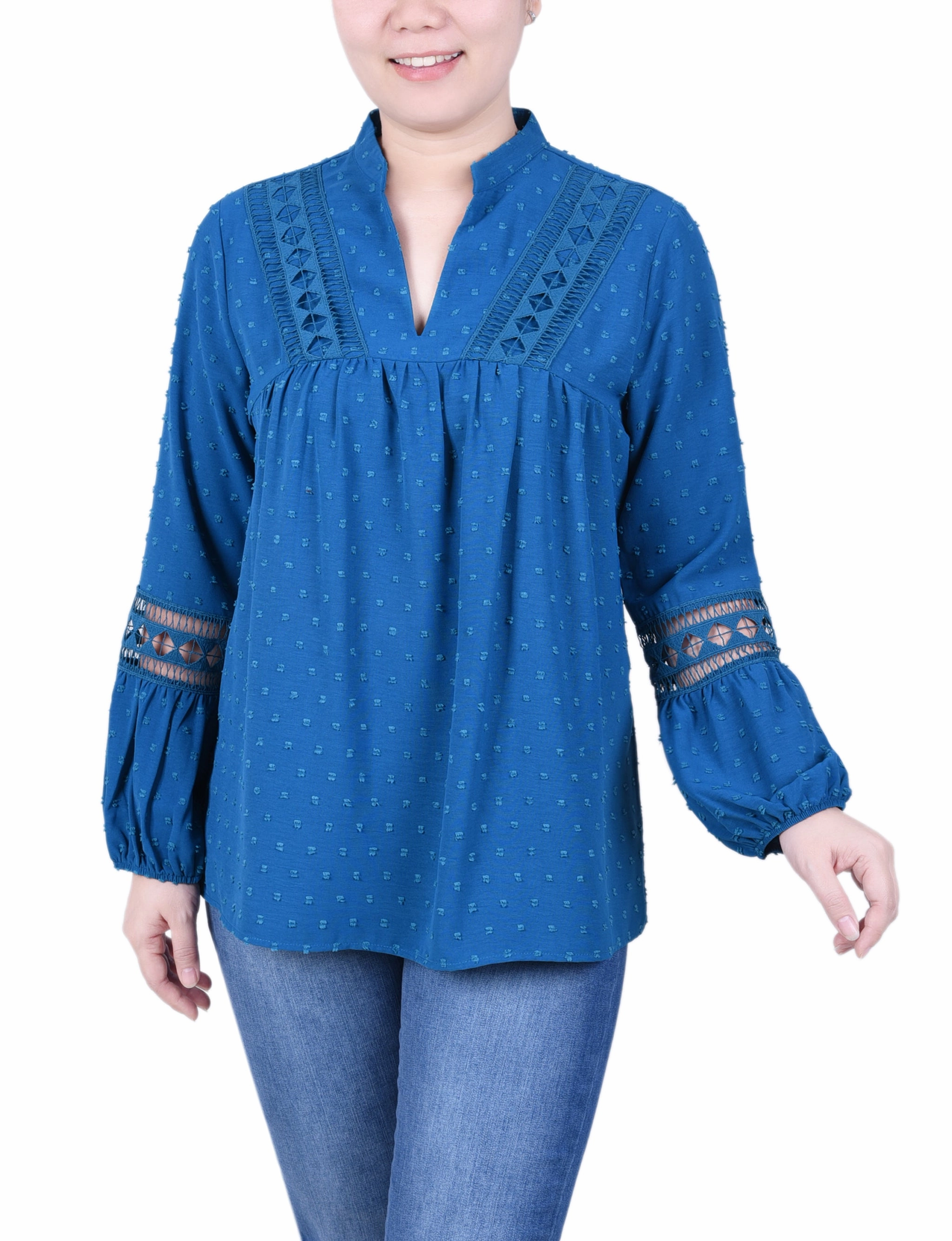 BreathableMaterial Long Sleeve Blouse With Crochet Trim