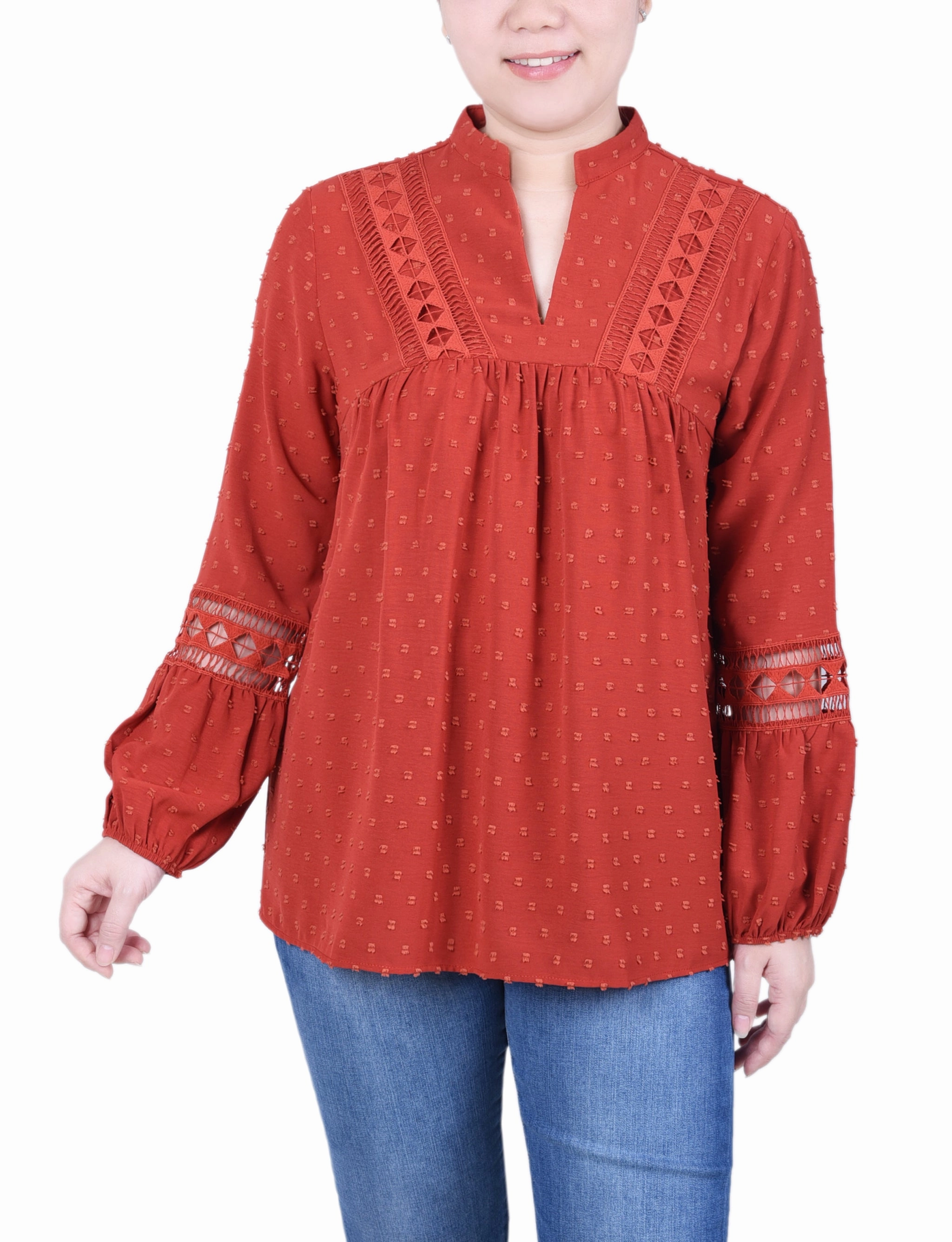 Unlined Design Long Sleeve Blouse With Crochet Trim