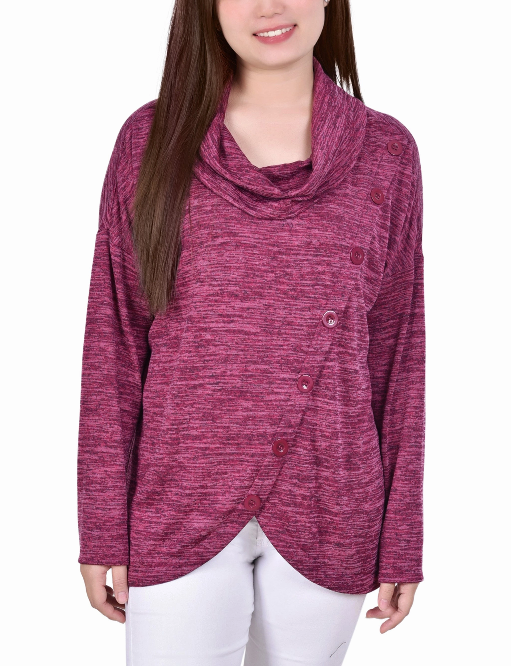 SeamlessConstruction Everyday Look Long Sleeve Cowl Neck Top With Button Detail