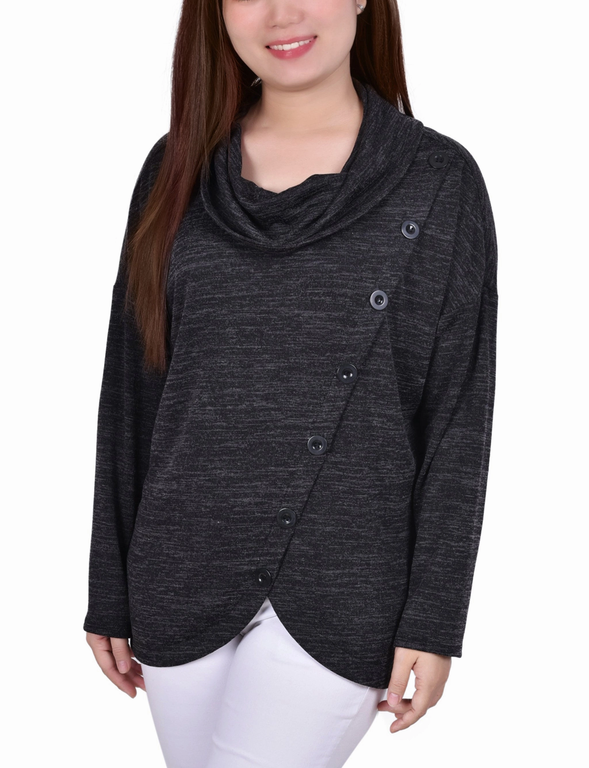 Long Sleeve Cowl Neck Top With Button Detail Compact Jacquard Weave