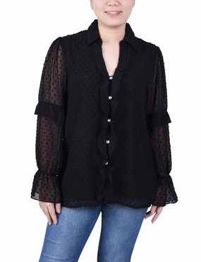 Long Sleeve Dotted Chiffon Blouse FlexibleKnit