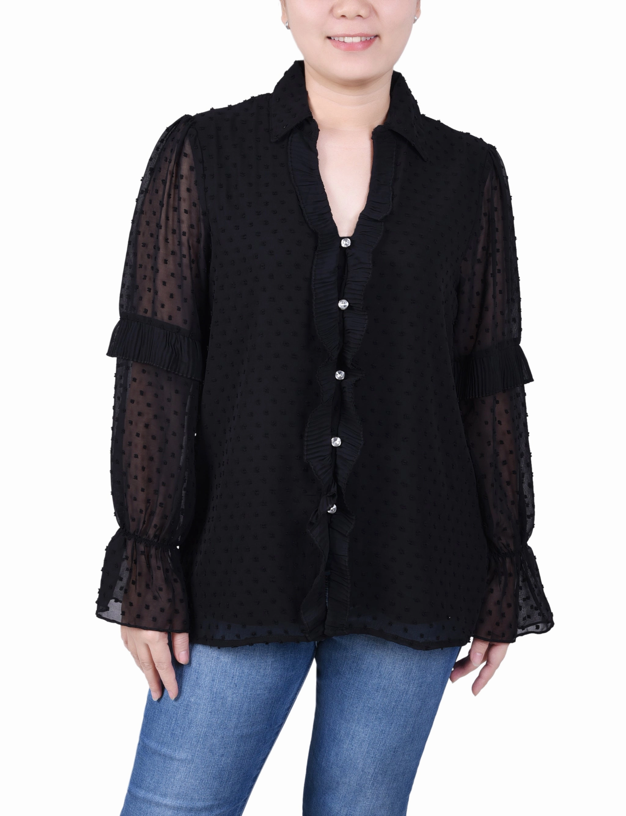 Long Sleeve Dotted Chiffon Blouse Buttonless Closure Roll Up Sleeve System