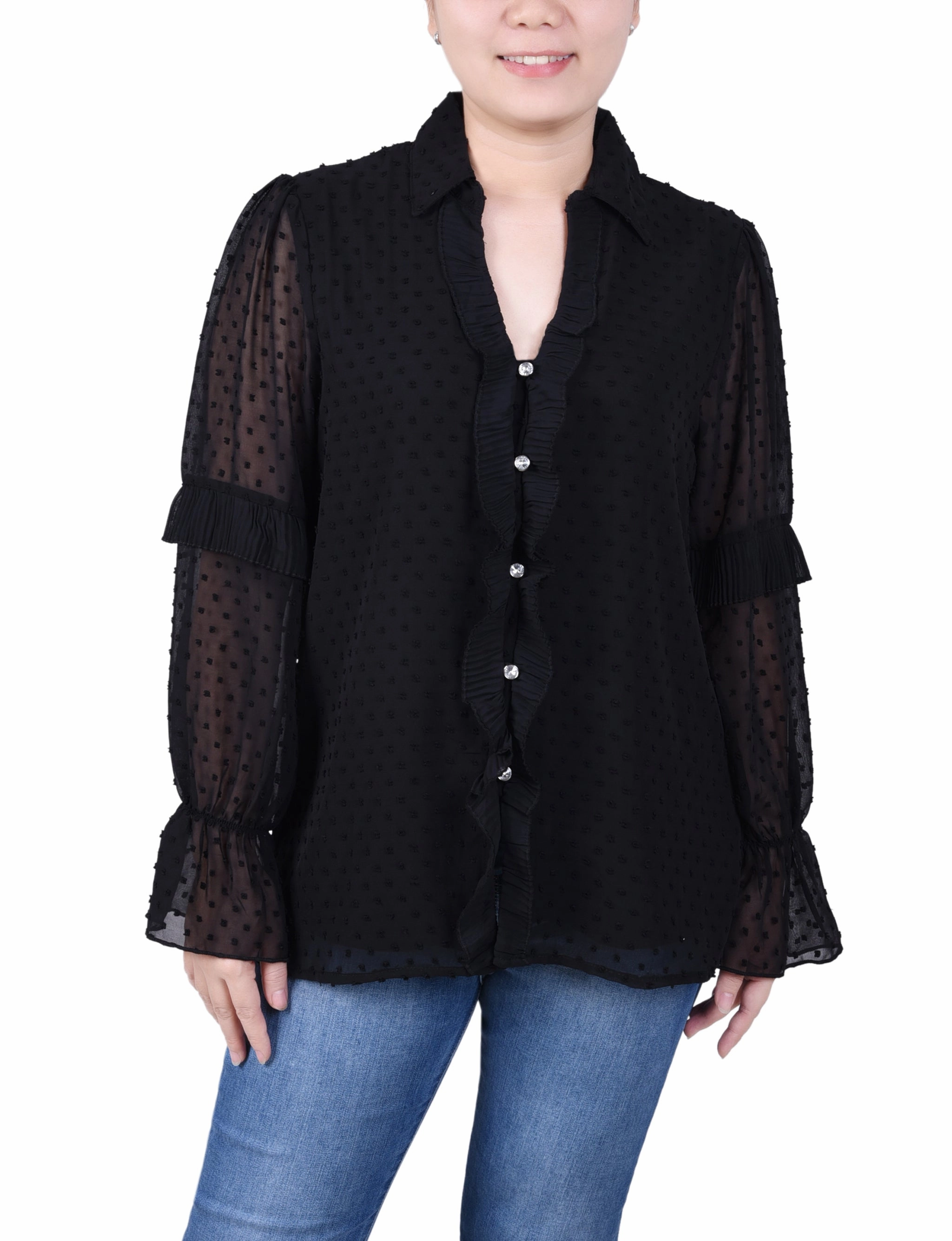 Flexible Shoulder Gusset Long Sleeve Dotted Chiffon Blouse
