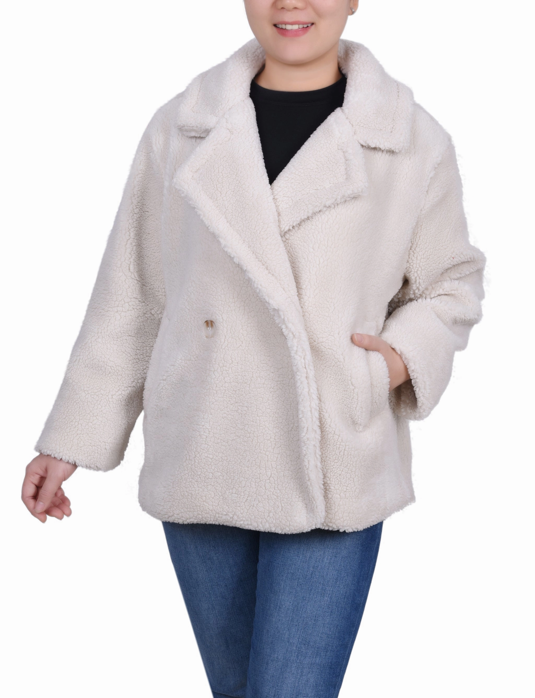 Long Sleeve Double Breasted Sherpa Jacket BlendMaterials Sandwich Mesh Panel Structure