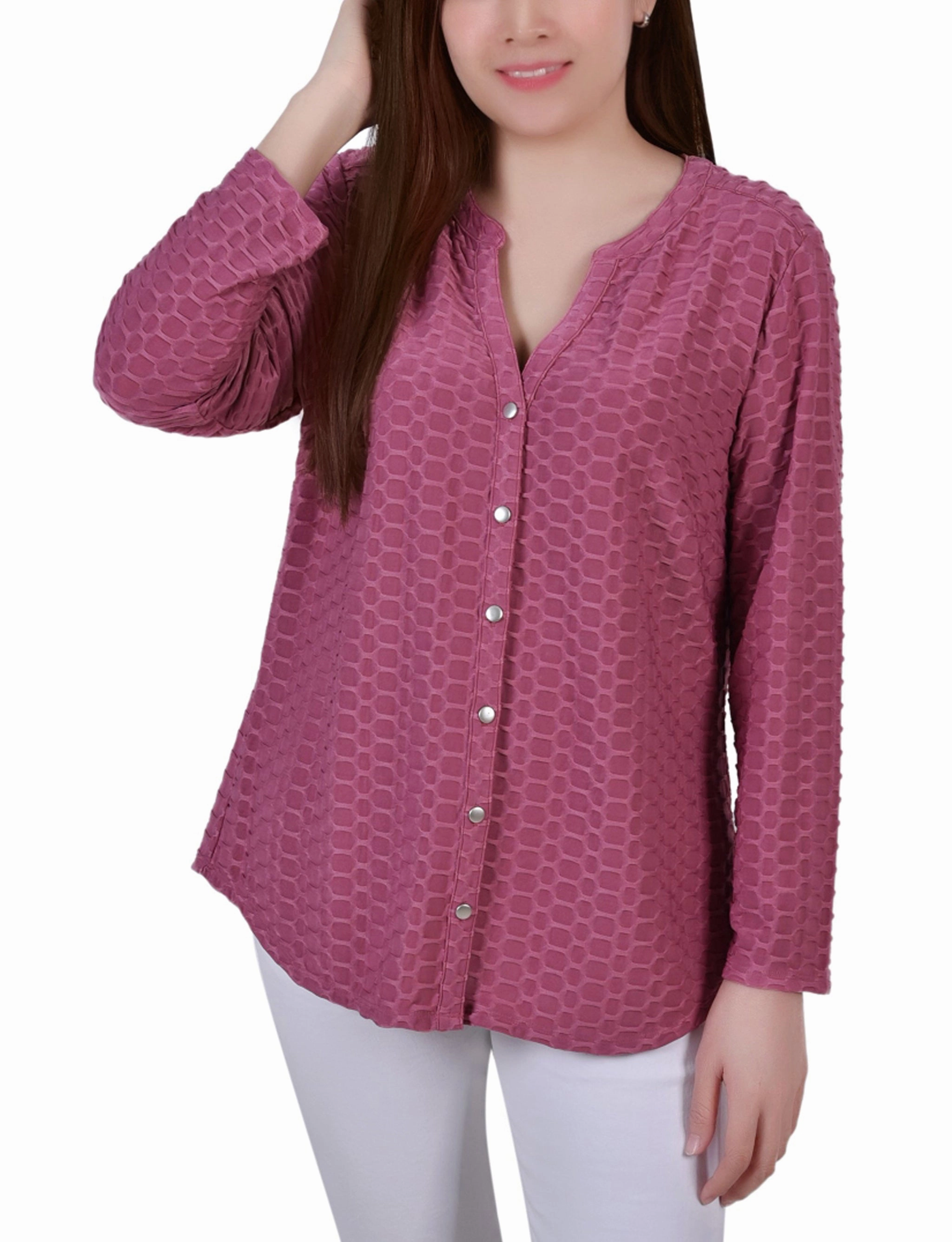 Temperature control Layered Neckline Details Long Sleeve Honeycomb Top