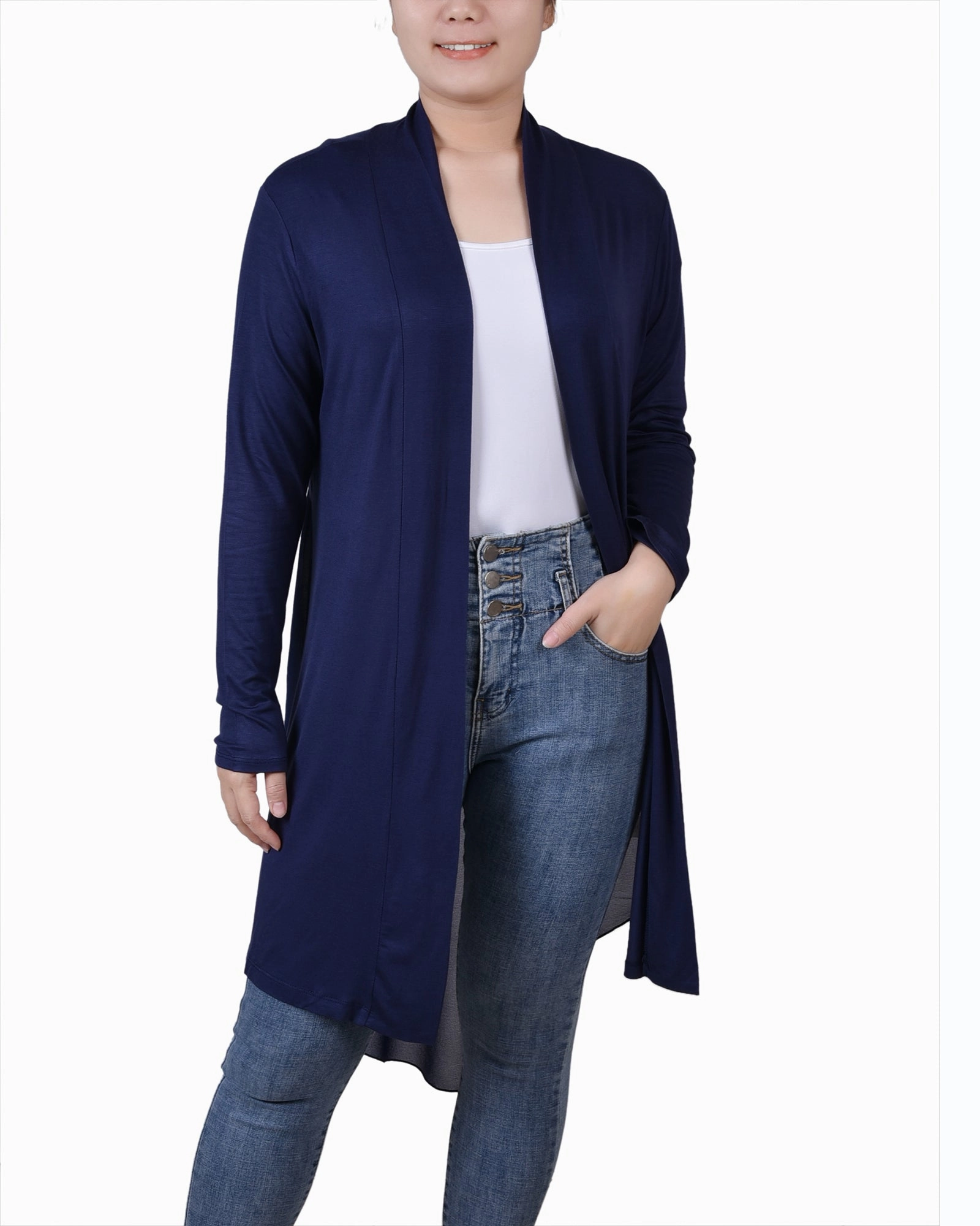 Long Sleeve Knit Cardigan with Chiffon Back ContrastPlacket