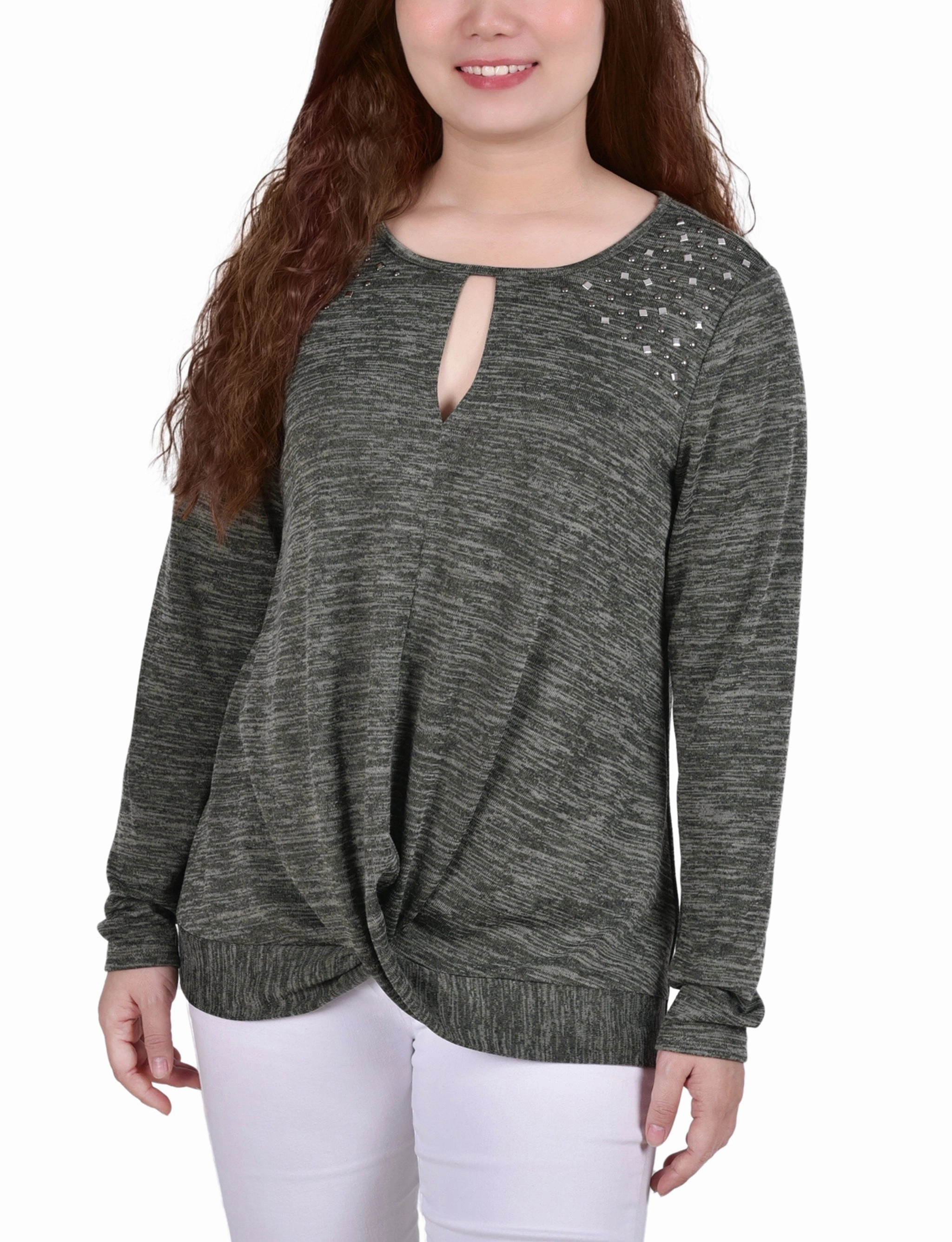 Long Sleeve Knit Keyhole Top With Studs VNeckline