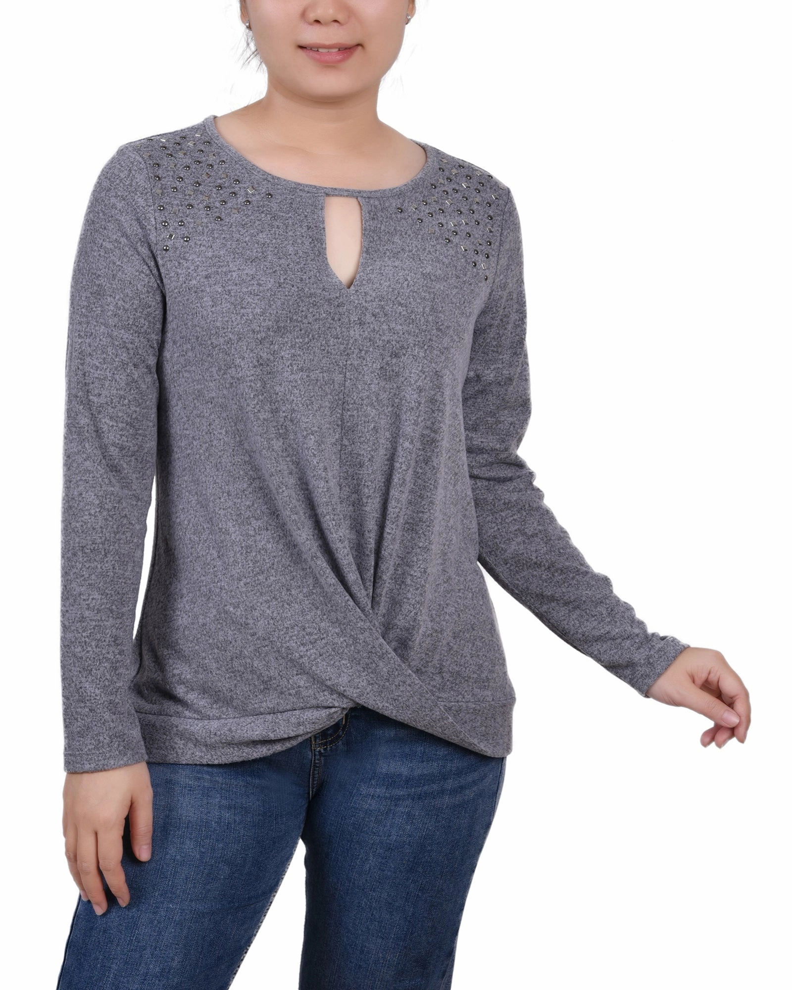 Long Sleeve Knit Keyhole Top With Studs Retro design