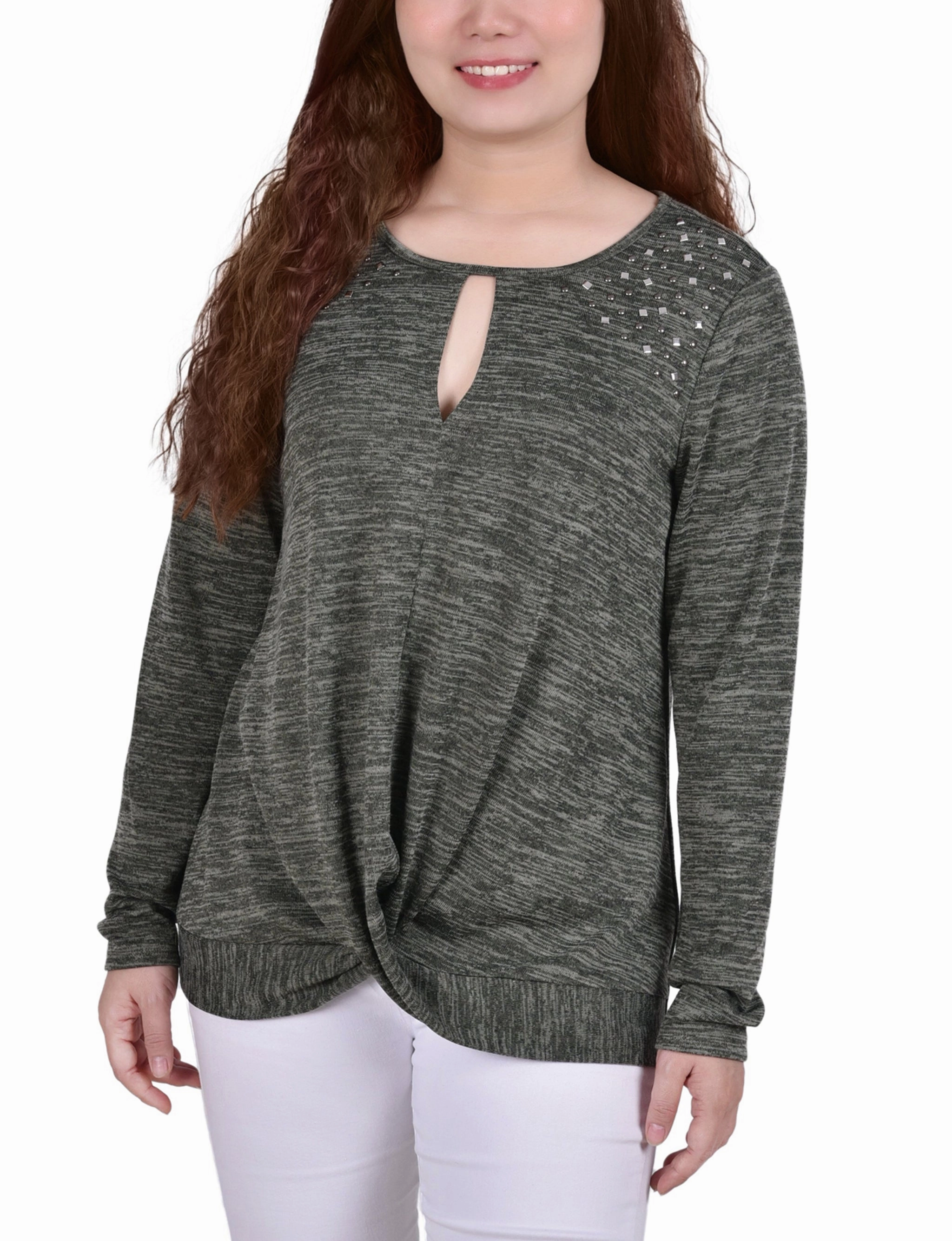 Long Sleeve Knit Keyhole Top With Studs Comfortable Wear