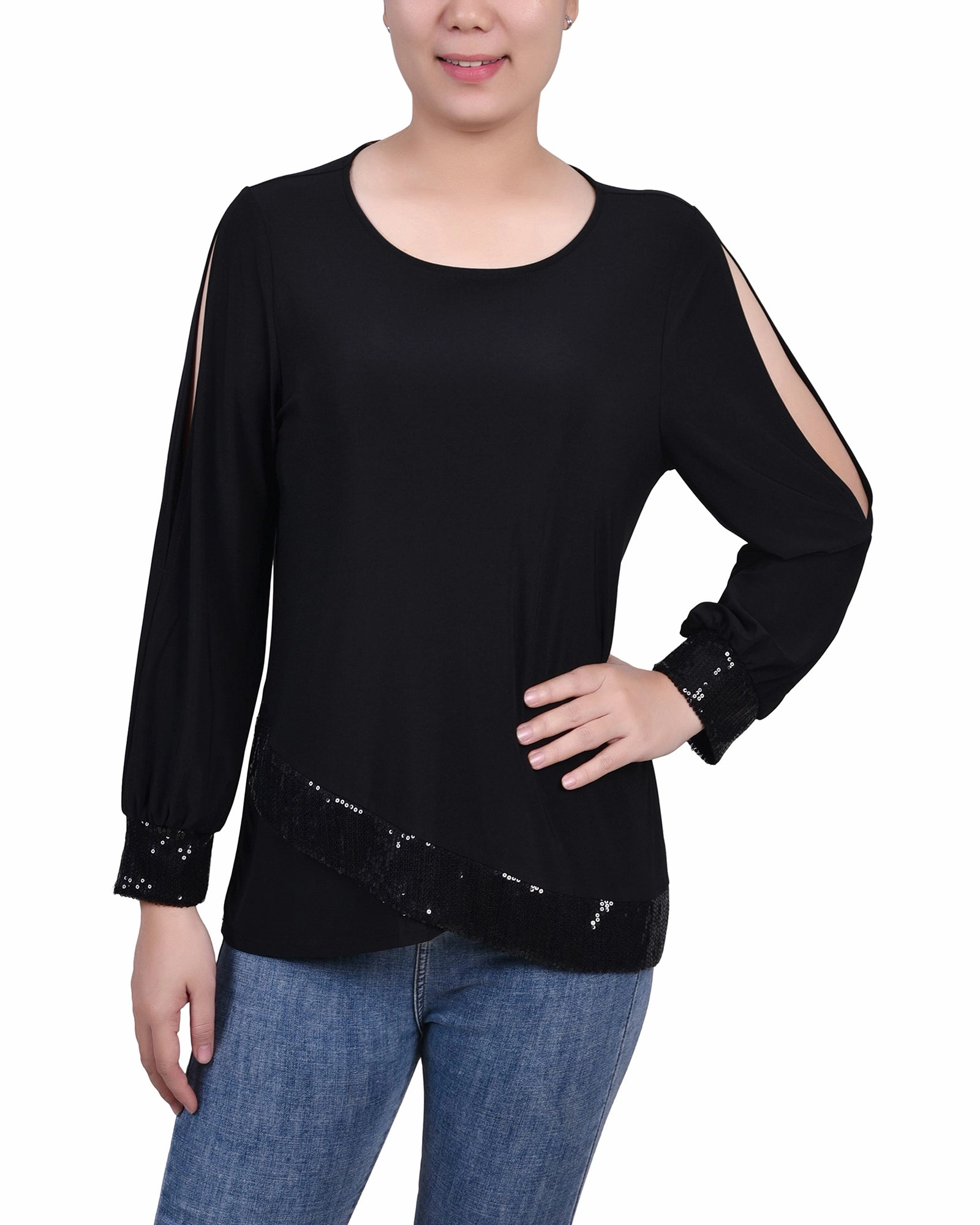 Long Sleeve Knit Top With Sequin Trim OdorResistant Technology UltraLightweight