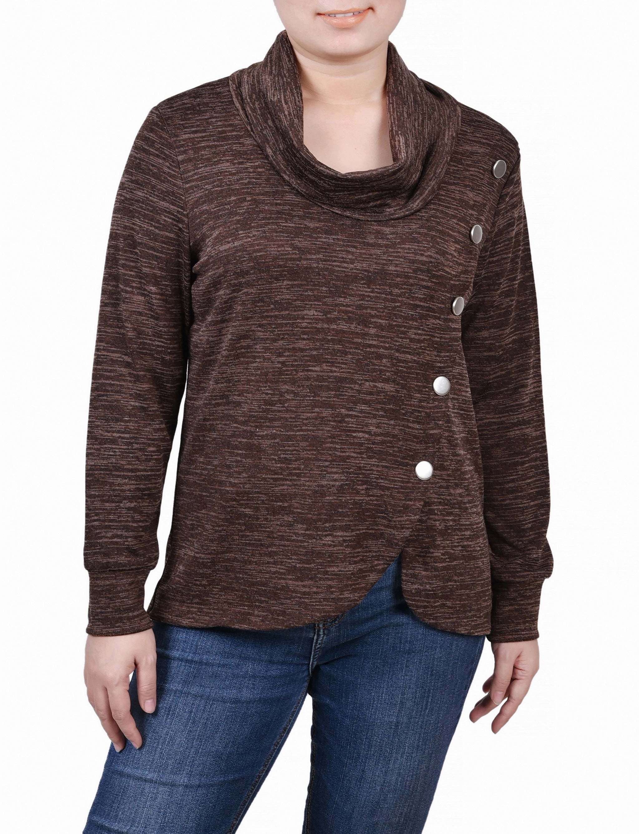 Long Sleeve Overlapping Cowl Neck Top QuickDry Textile