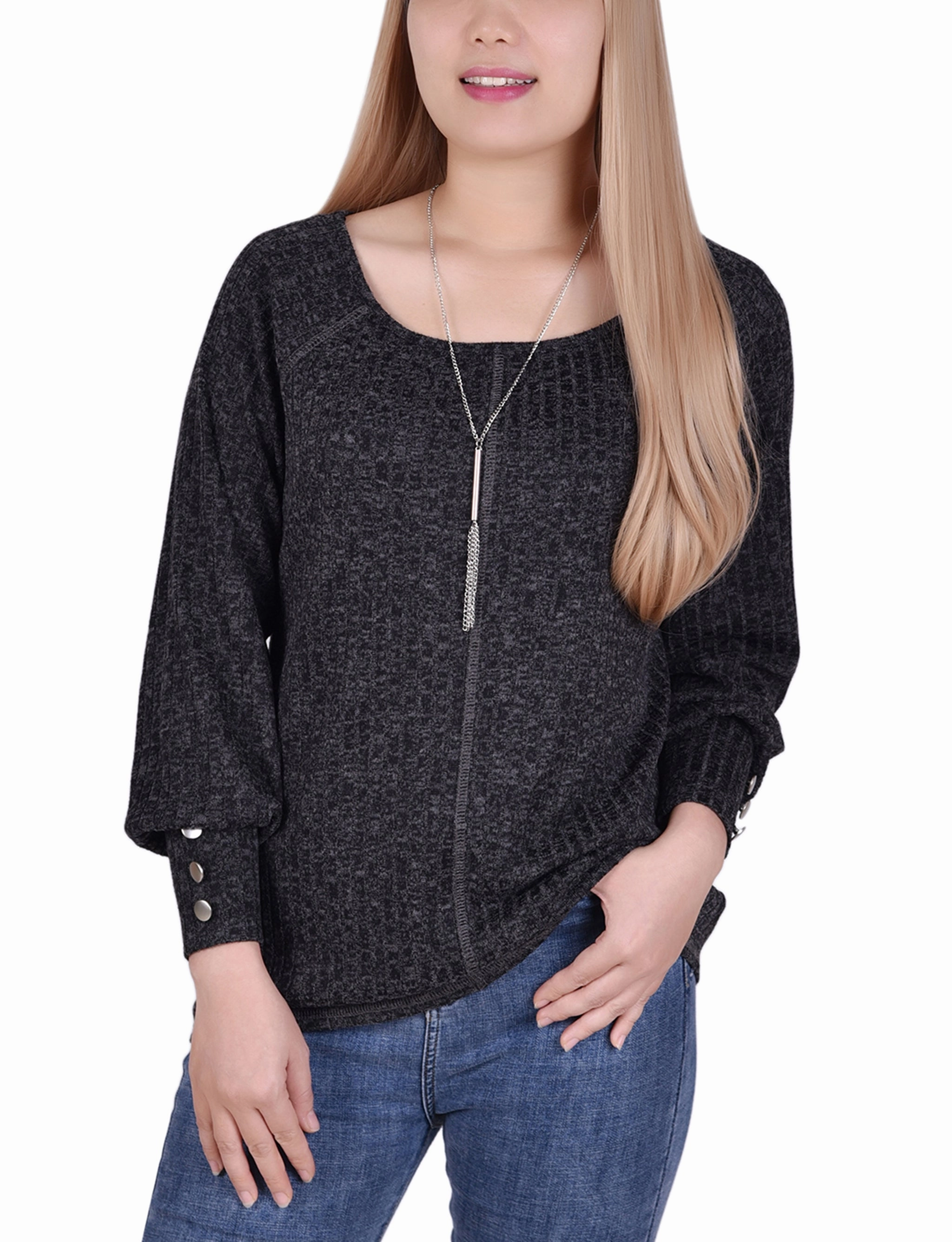 AntiBacterial Coating Long Sleeve Ribbed Pullover Top With Detachable Necklace