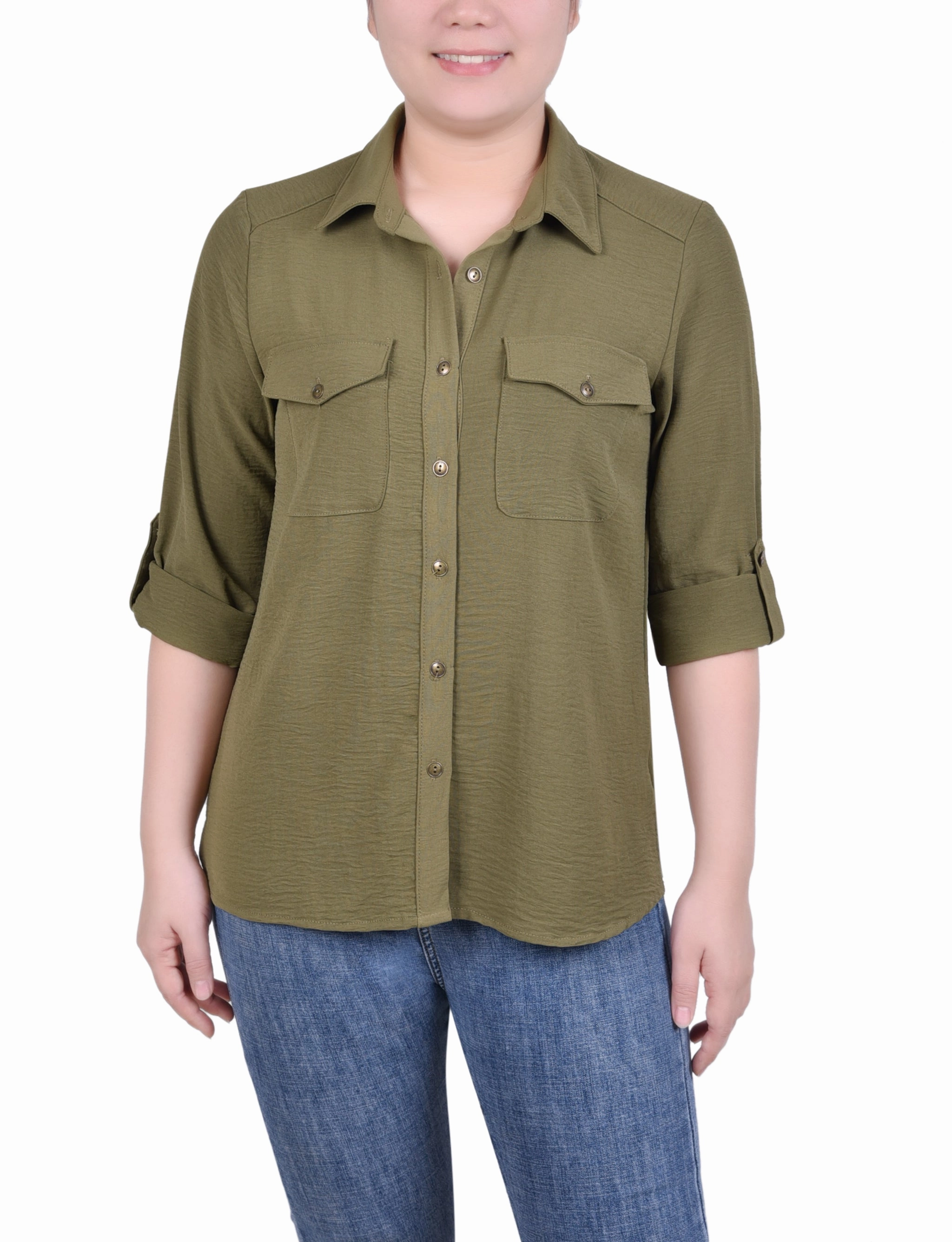 Long Sleeve Roll Tab Blouse Recycled Polyester Blend