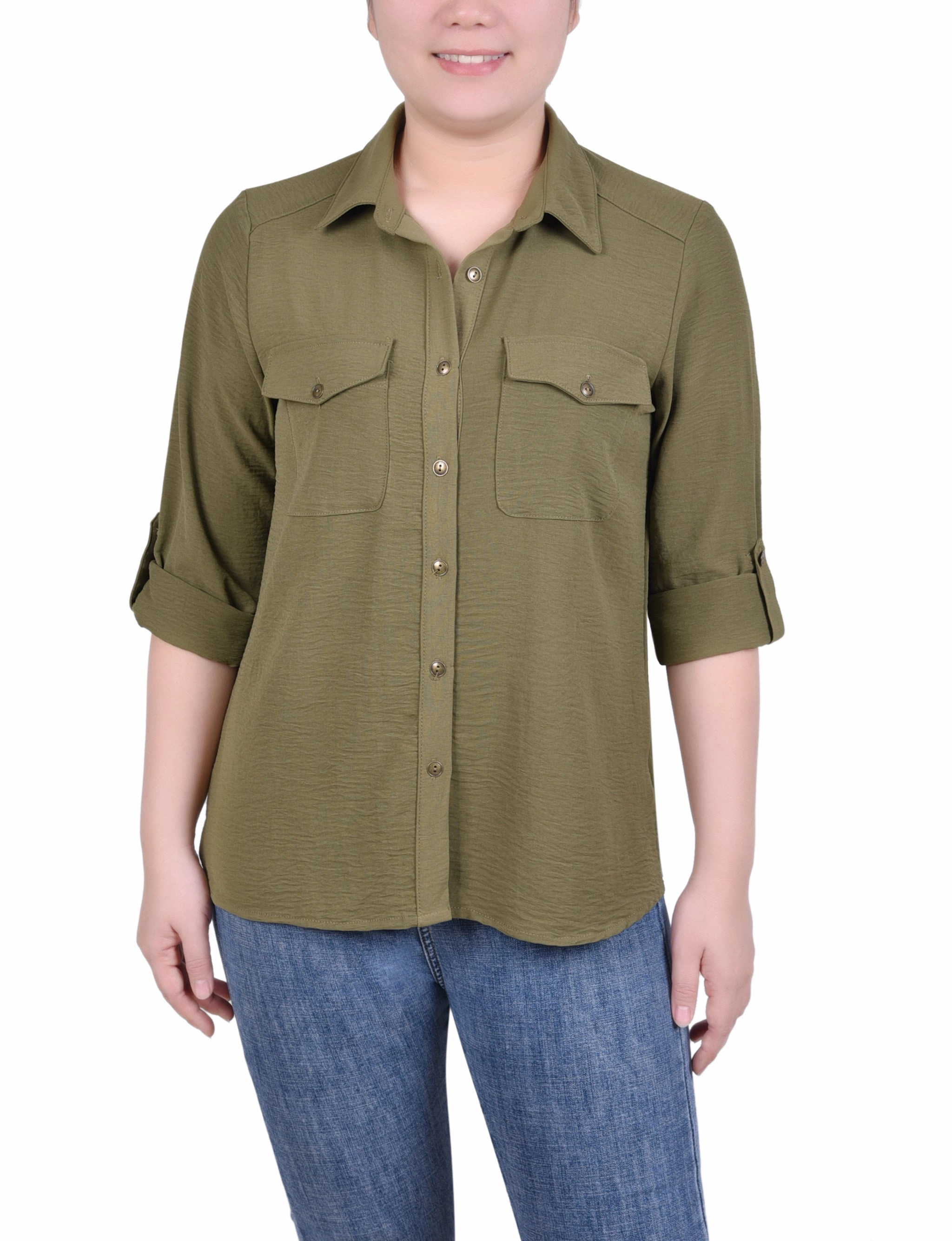 ConvertibleSleeves Long Sleeve Roll Tab Blouse