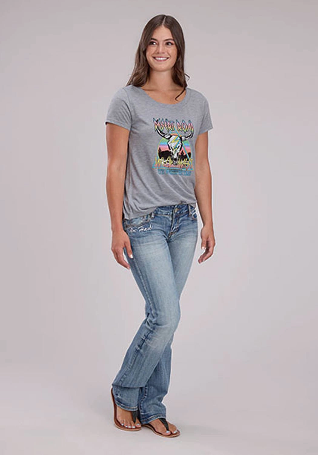 Dinner Date Cruise Collection Roper Womens Desert Road Longhorn Grey Poly/Rayon S/S T-Shirt