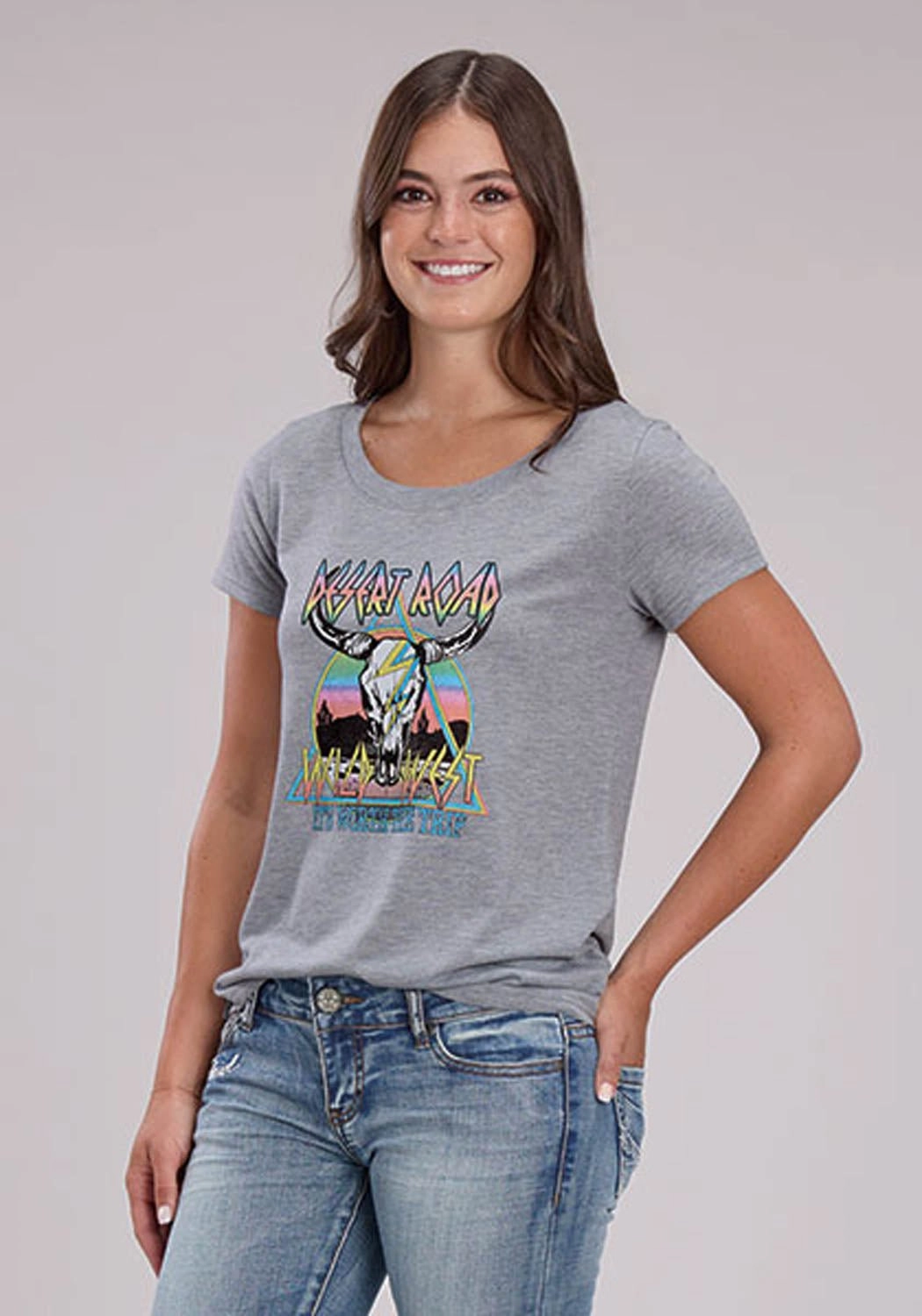 slim fit Roper Womens Desert Road Longhorn Grey Poly/Rayon S/S T-Shirt