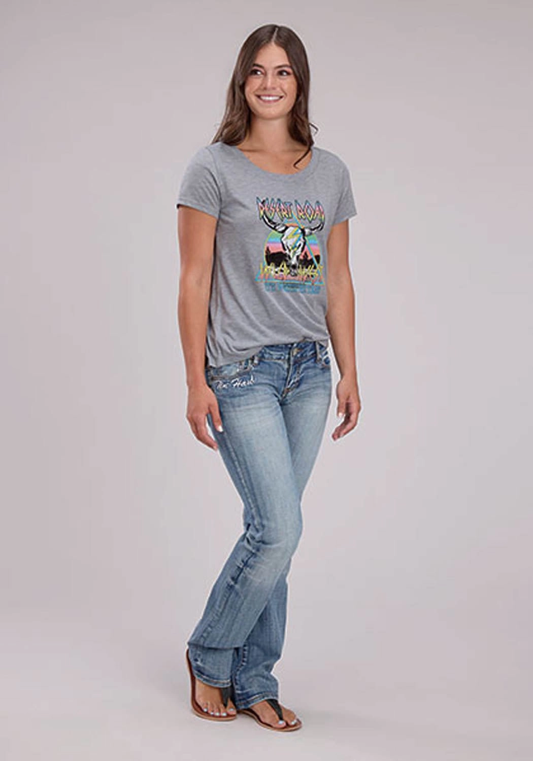 Durable Buttons Polished Finish Roper Womens Desert Road Longhorn Grey Poly/Rayon S/S T-Shirt