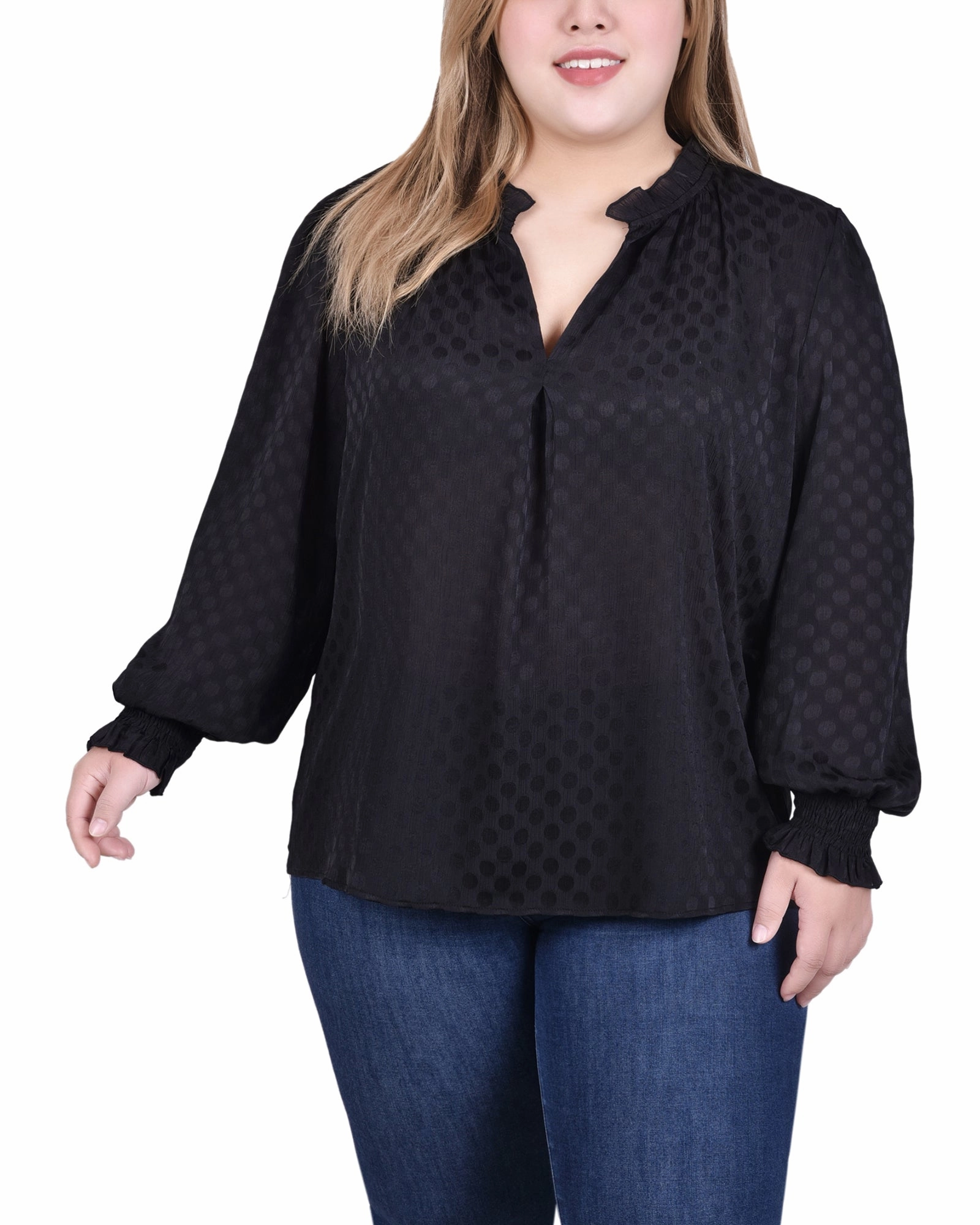 Adaptive Fit Technology BreathableFabric Long Sleeve Smocked Cuff Blouse